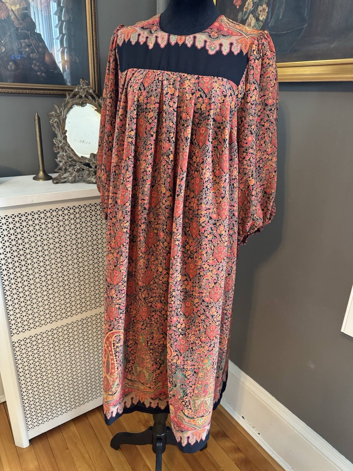 Vibrant Vintage Boho Paisley Dress 1970s? Orange Black Teal Yellow Floral