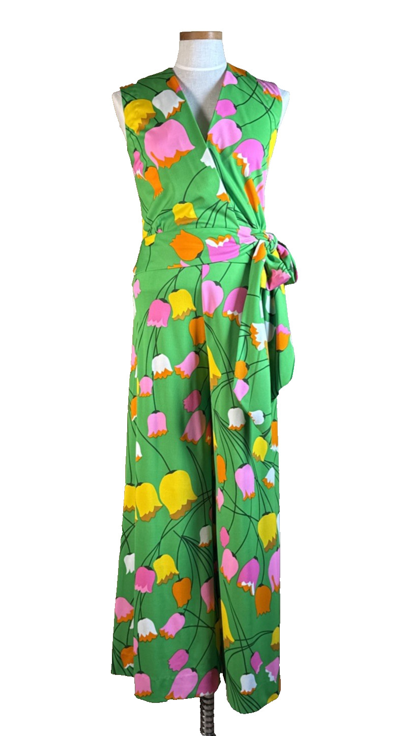 Vintage 60s Mod Tulip Floral Wrap Top Wide Leg Palazzo Pants Set S XS 2/4 W-26&Prime;