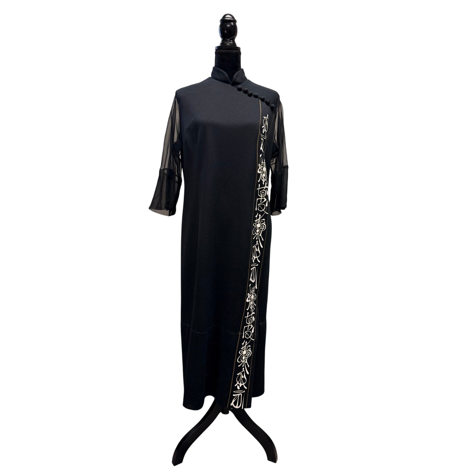 Vintage Alfred Shaheen Black Cheongsam Maxi Dress Sheer Sleeve Embroidery Sz 18