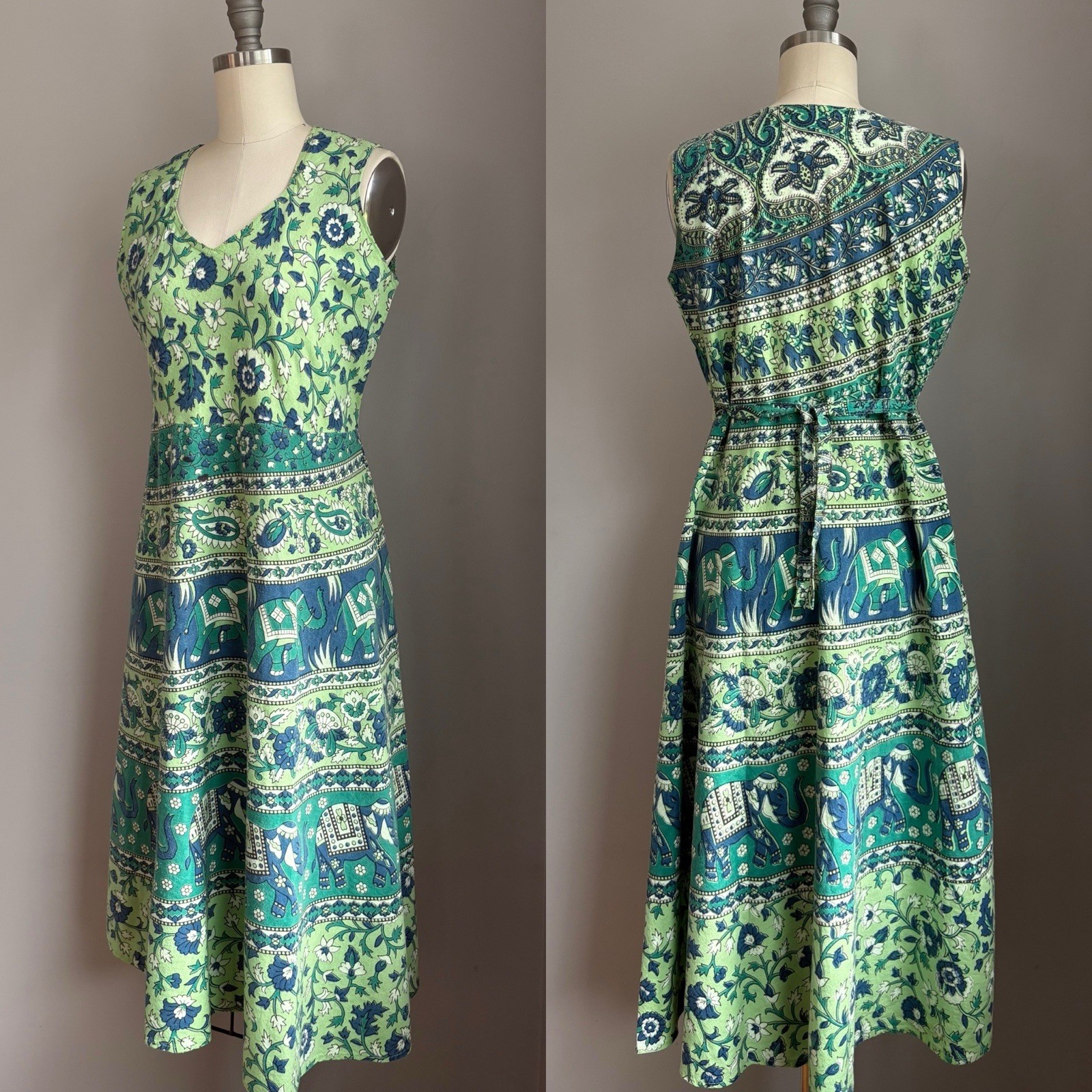 Vintage 1970’s Elephant, Donkey & Floral Cotton Block Print Sun Dress India S/M