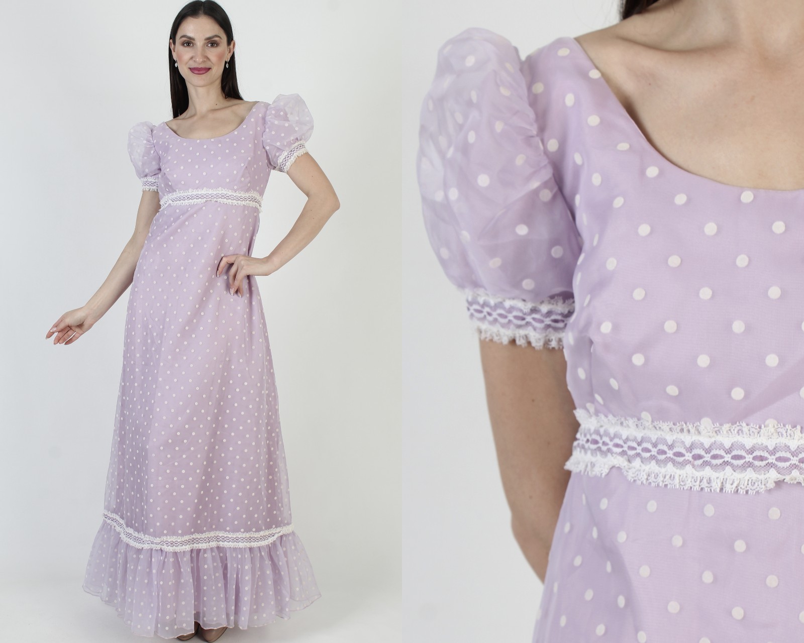 Vtg Violet High Waist Dress Wht Polka Dot Victorian Prairie Evening Prom Gown