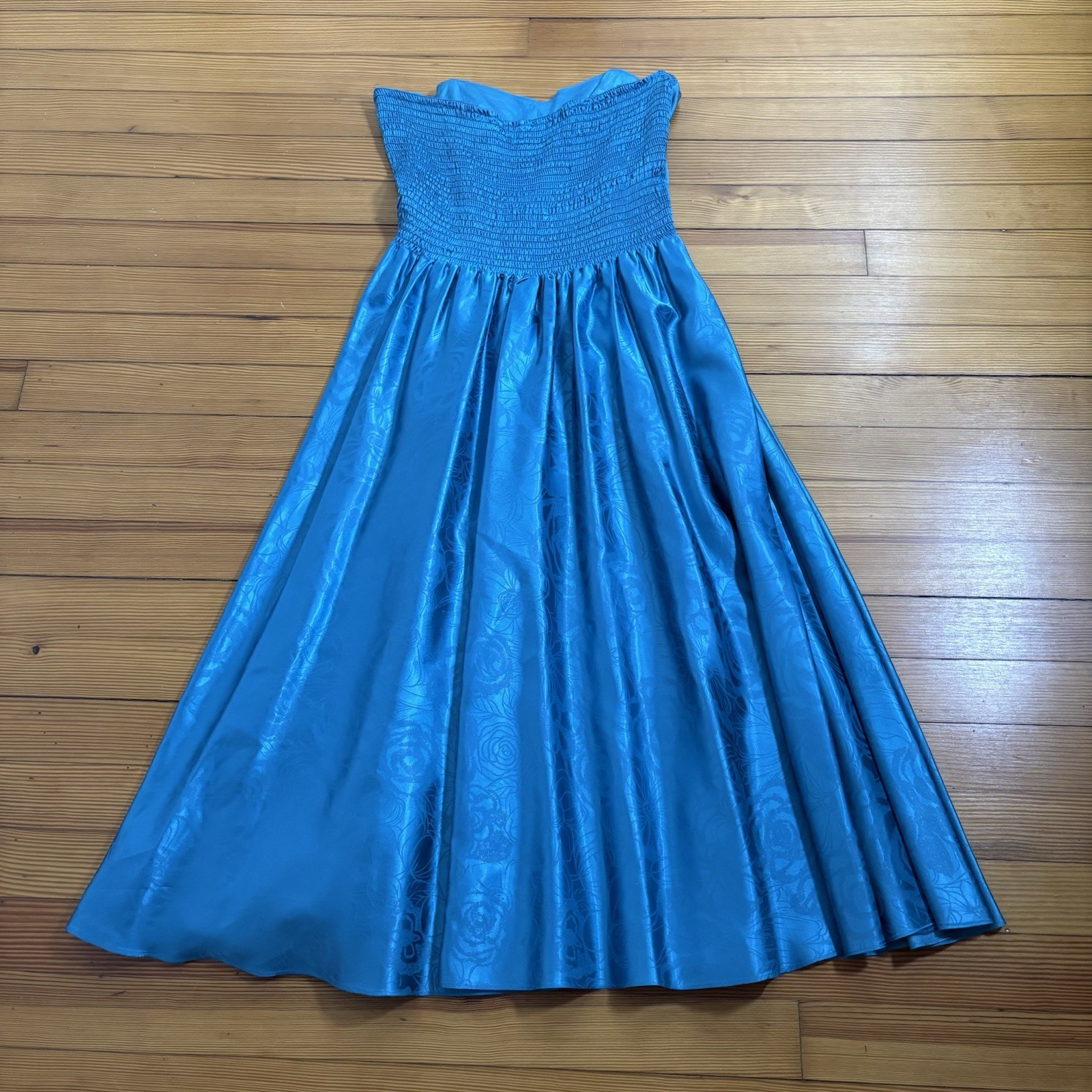 VTG 80s Studio E Teal Floral Brocade Prom Party Dress Strapless Ruched Maxi L