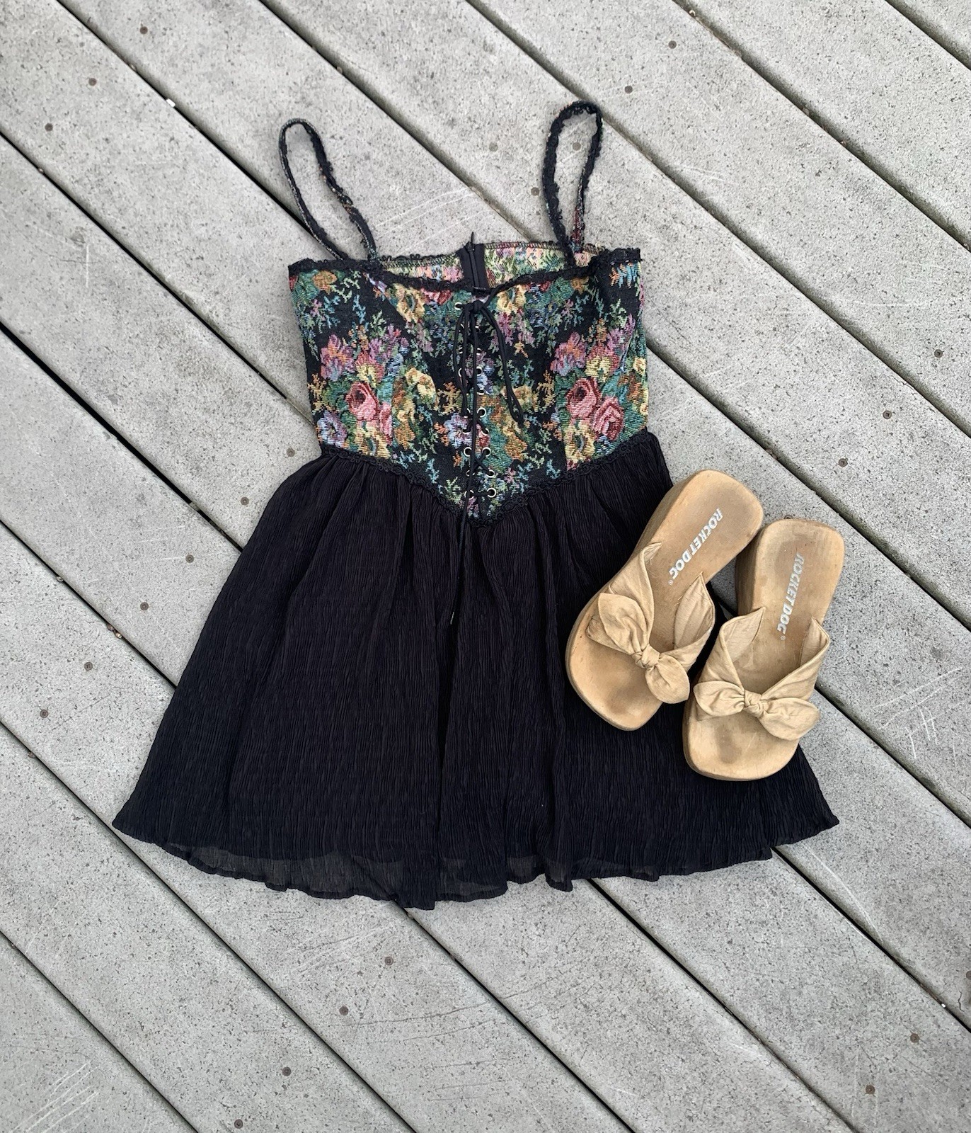 Vintage 90s Corset Tapestry Bust Mini Dress | Y2K Spaghetti Strap Babydoll Dress