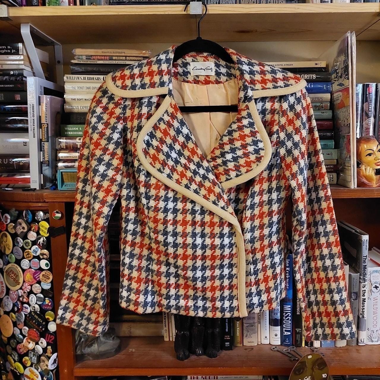 Vintage Country Set deadstock grey, tan, orange, and white houndstooth jacket.