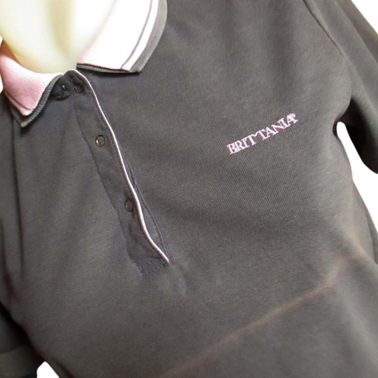 SMALL True Vtg 80&rsquo;s BRITTANIA GRAY/PINK RELIC FADE SNAP Polo Top COLLARED SHIRT