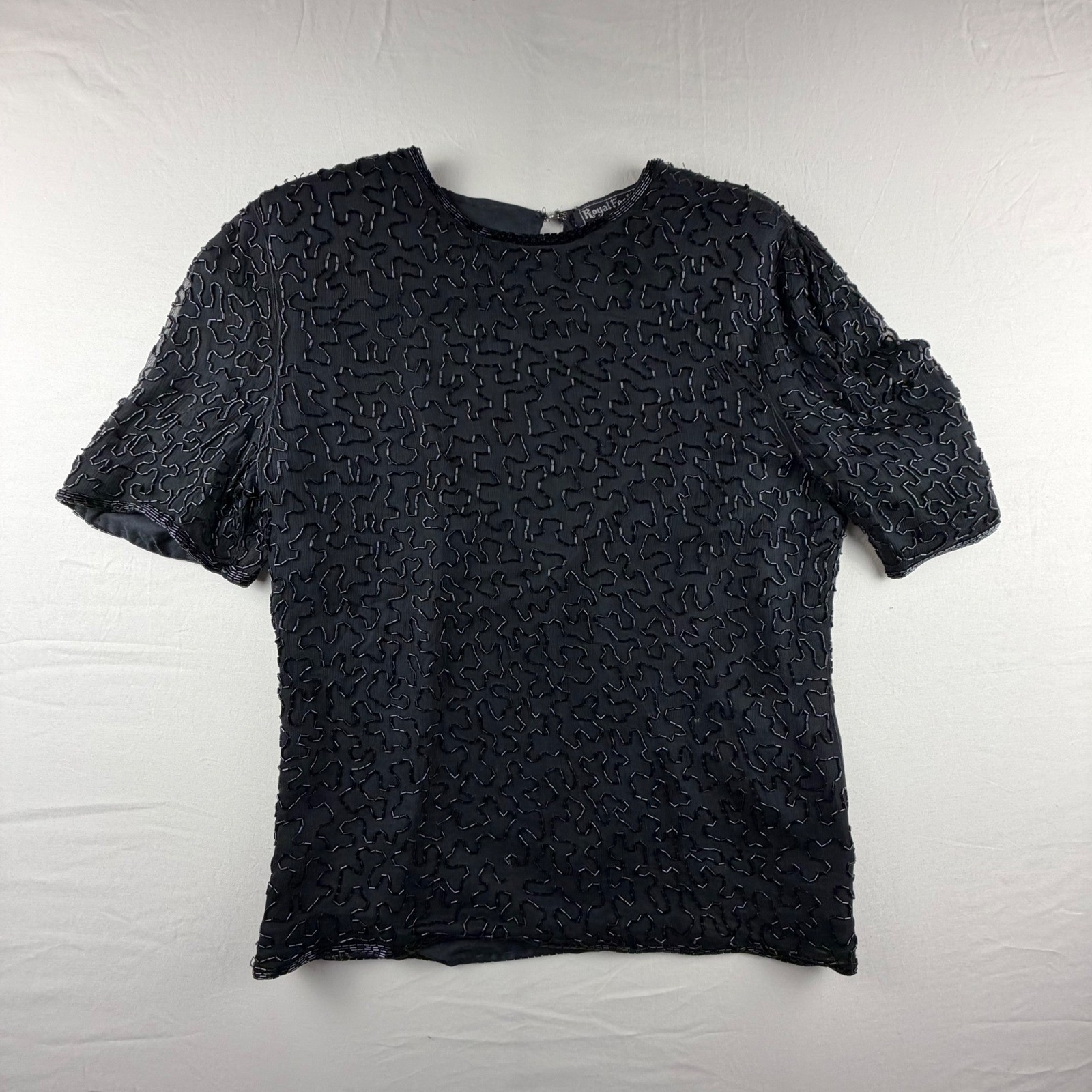 Royal Feelings Beaded AOP Silk Top Vintage Womens Large Black S/S Evening 0202