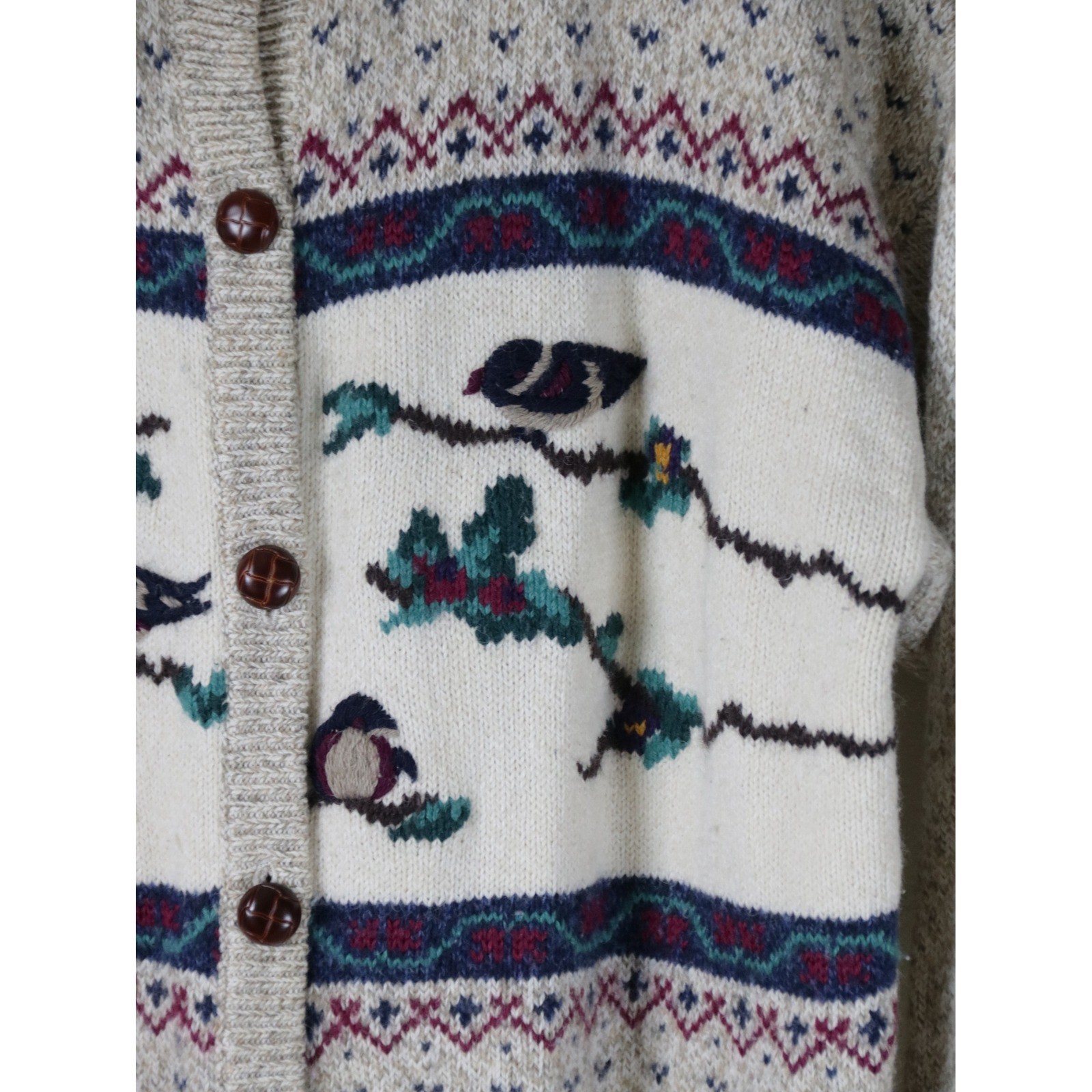 Northern Reflections Vintage Bird Cardigan Sweater Oatmeal Wool Blend Large 400
