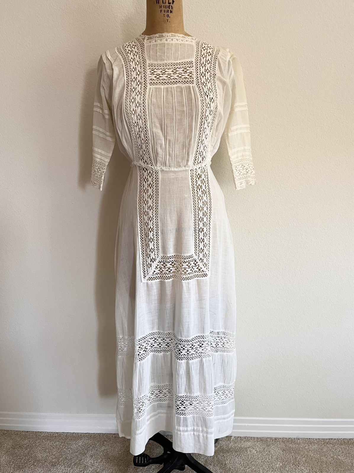 Antique Edwardian White Cotton Lawn Dress Tea Gown Wedding Dress Good Cond Small