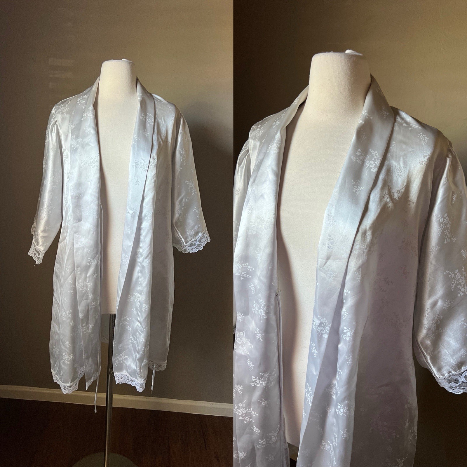 Vintage Christian Dior Robe Silver Floral Satin Lace 3/4 Sleeve Loungewear READ