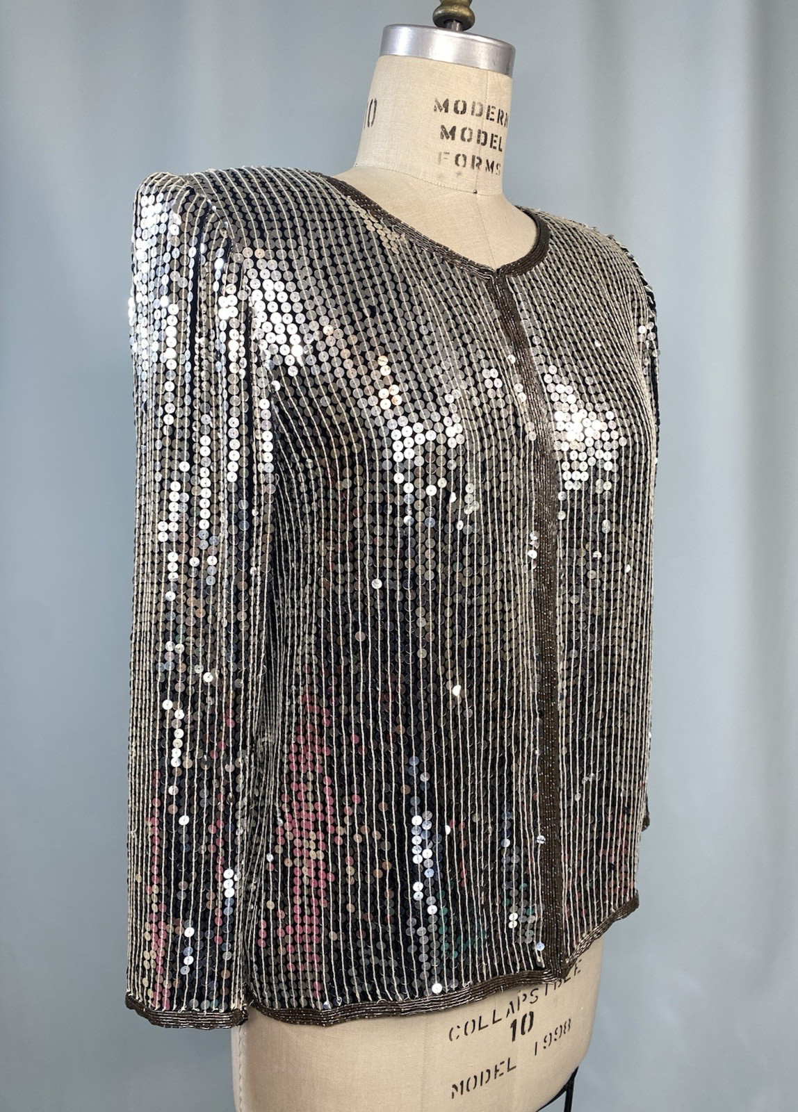 Vintage Sequin Top SIZE SMALL silver jacket STENAY 80s 90s classic formal