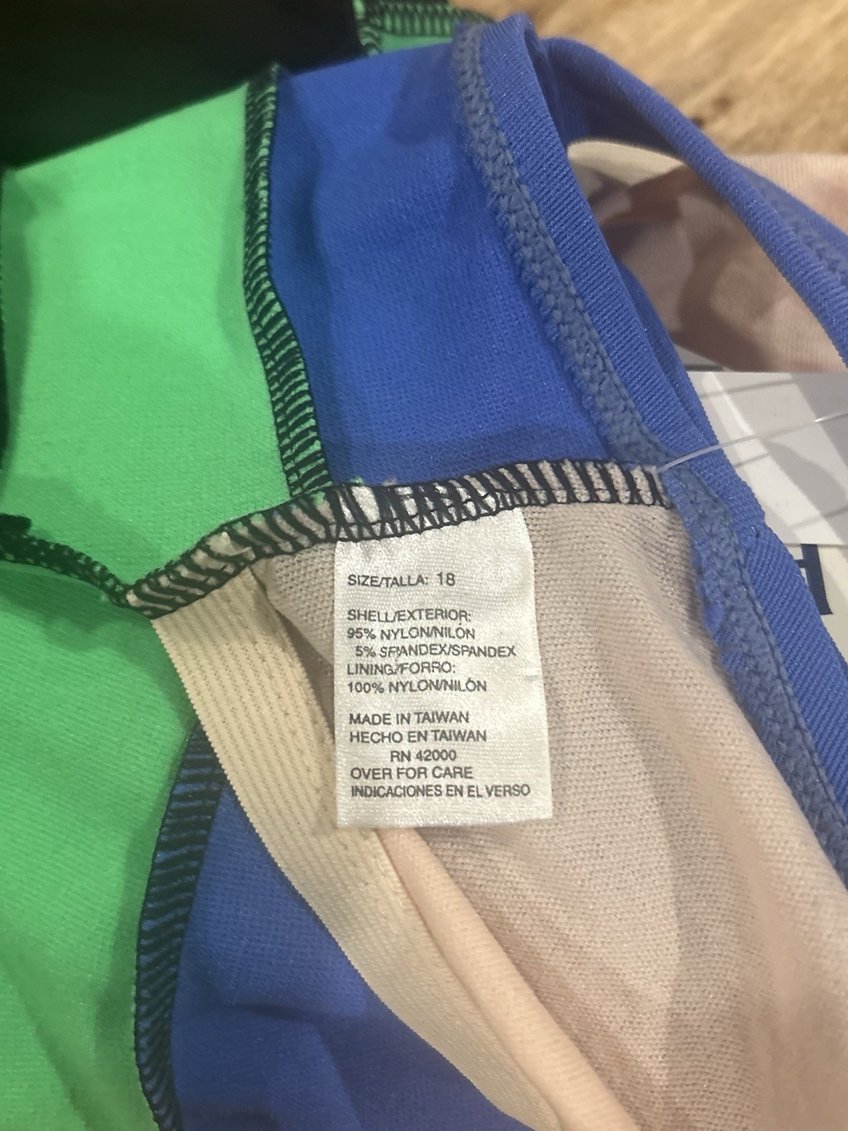 VTG Kmart Basic Editions Neon Green Blue Black Color Block One Pc Swimsuit Sz 16