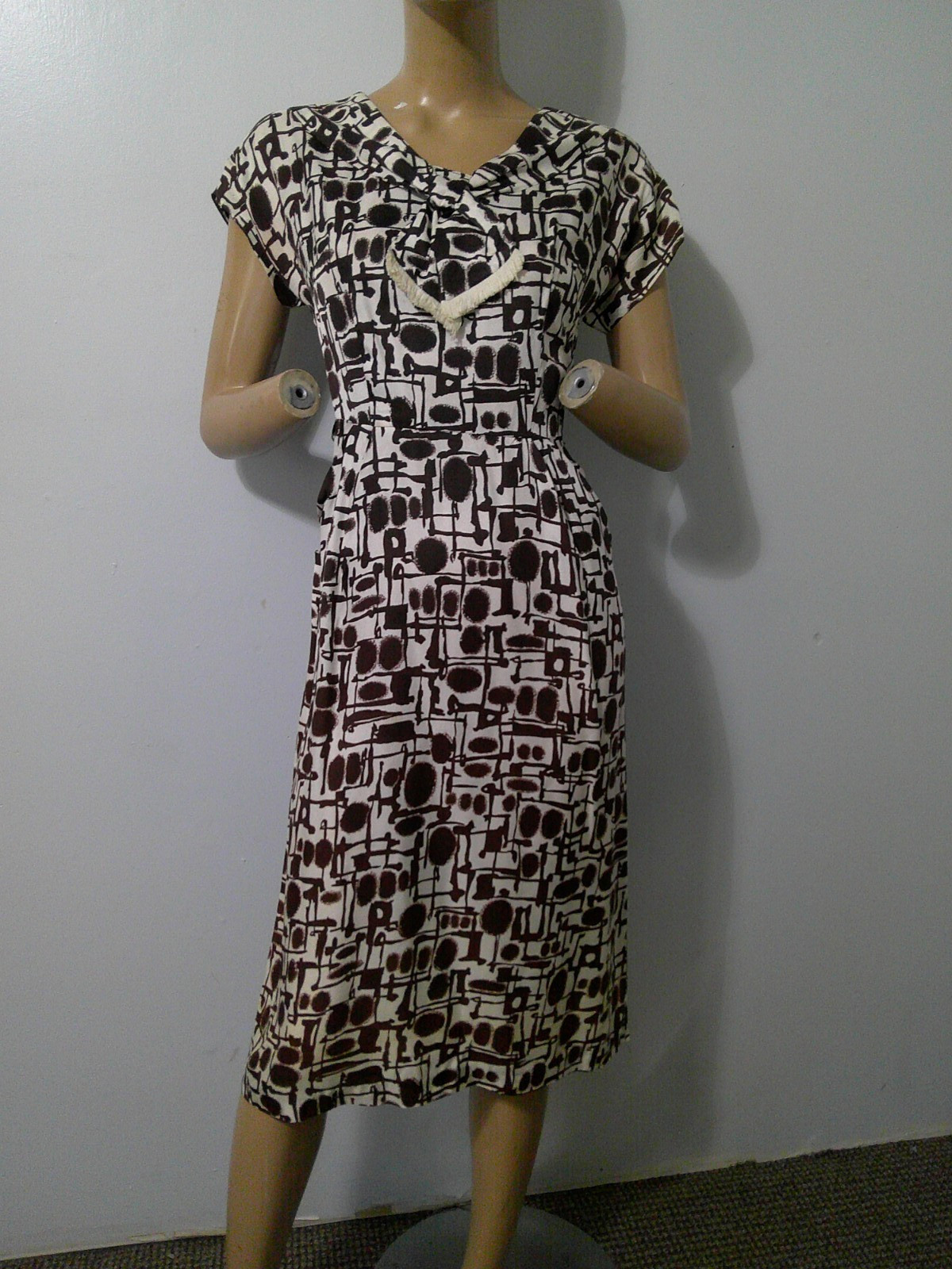 Vtg 60&rsquo;s Abstract Print Mad Men Fitted Cap Sleeve Secretary Dress M