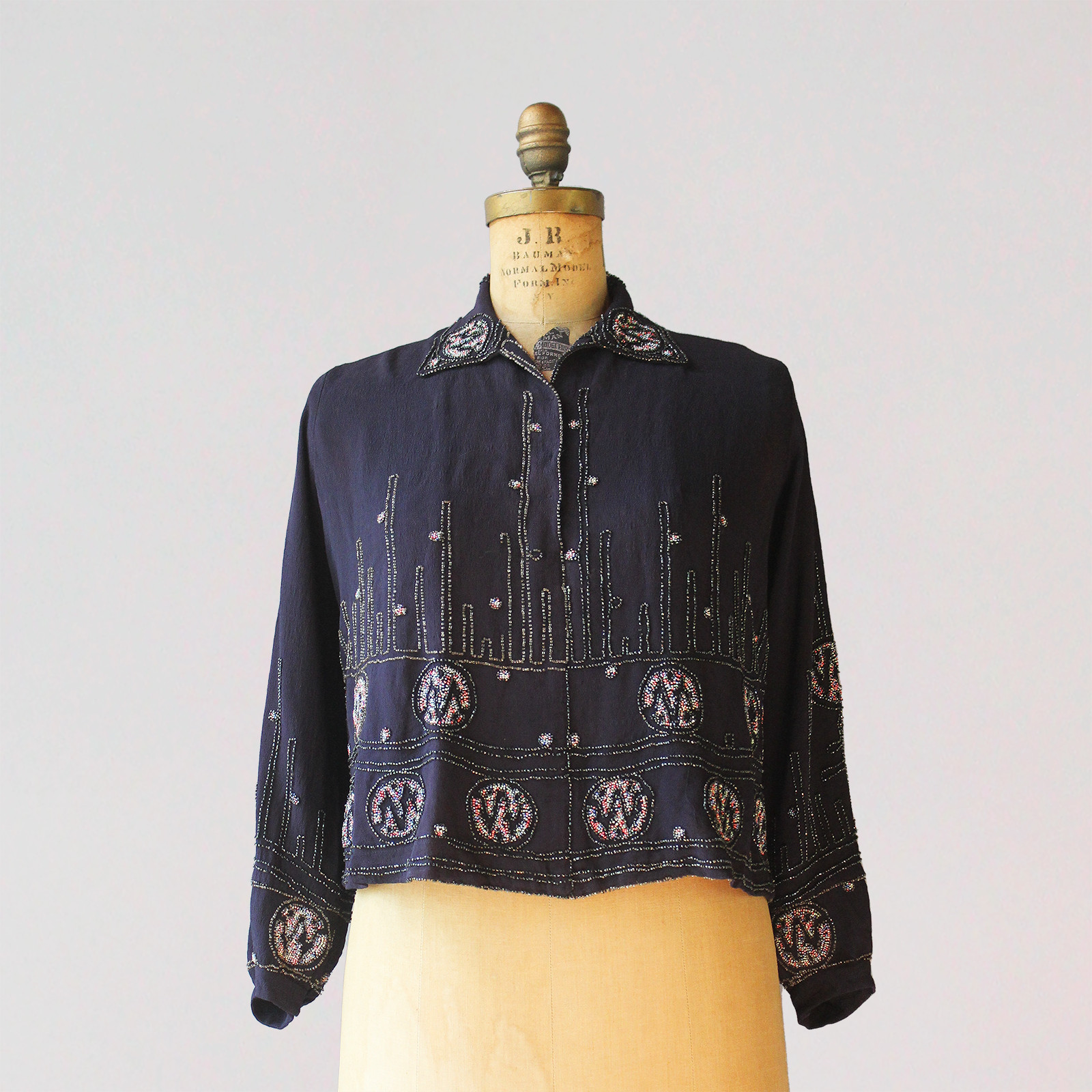 Antique 1920s Art Deco Heavily Beaded Blouse Navy Blue 20s Women&rsquo;s Top M L
