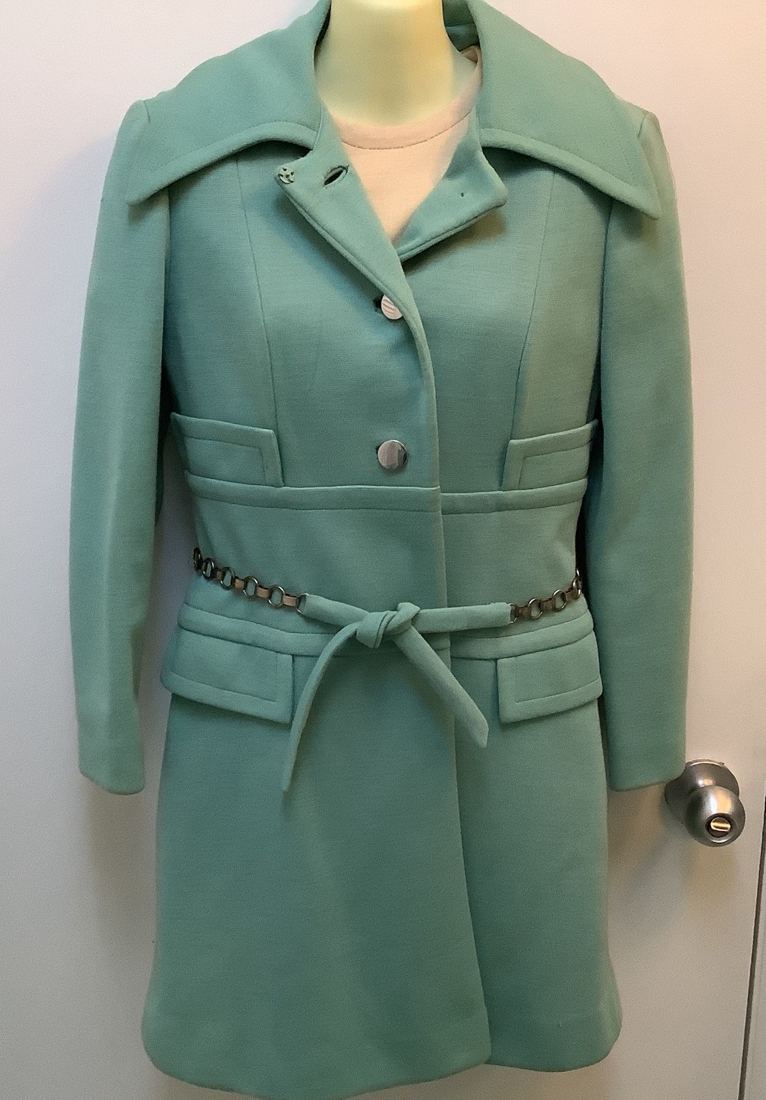 Vtg 60s 70 Mod 3 Piece Knit Pants belted Tunic top pants Coat Belt hipster Aqua