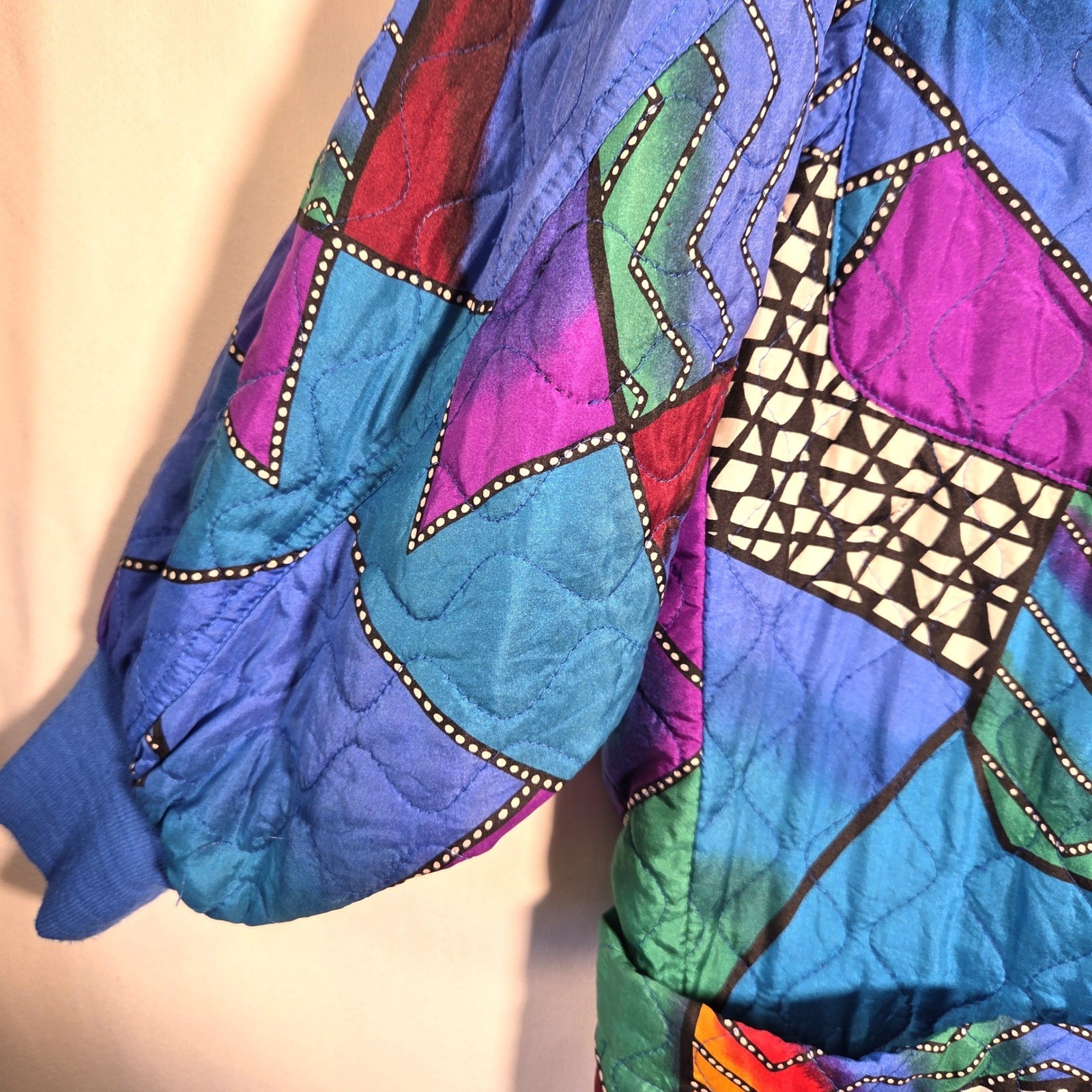 Neiman Marcus Vintage 80s 100% Silk Quilted Jacket Art To Wear Color block Retro