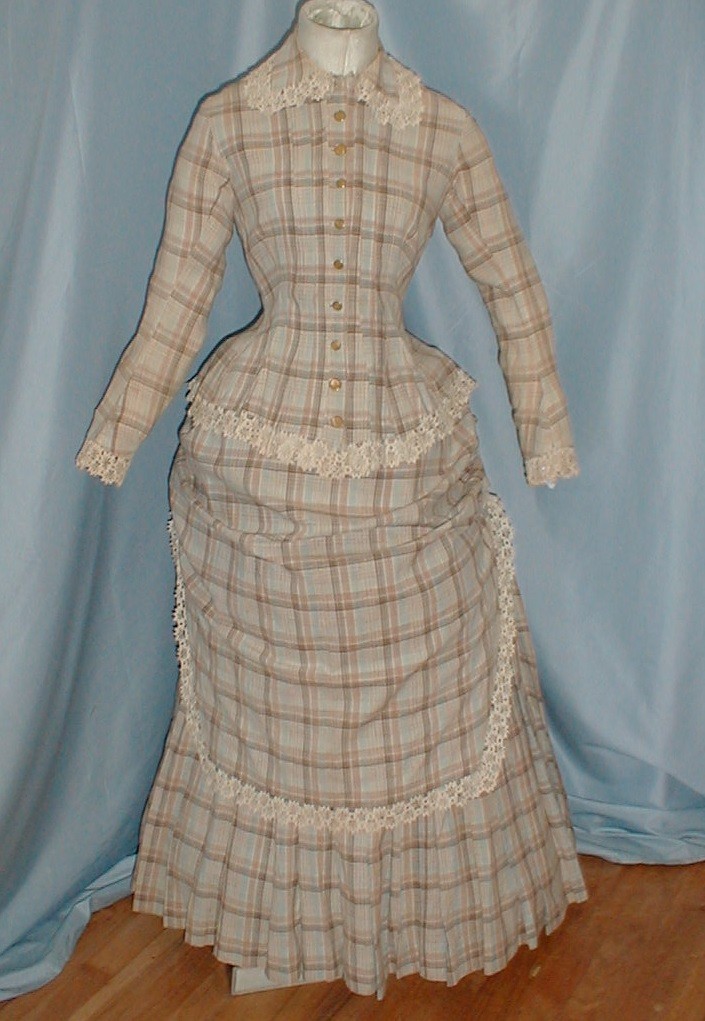 Charming Antique 3 Piece Bustle Dress Victorian 1870 Beige Plaid Cotton