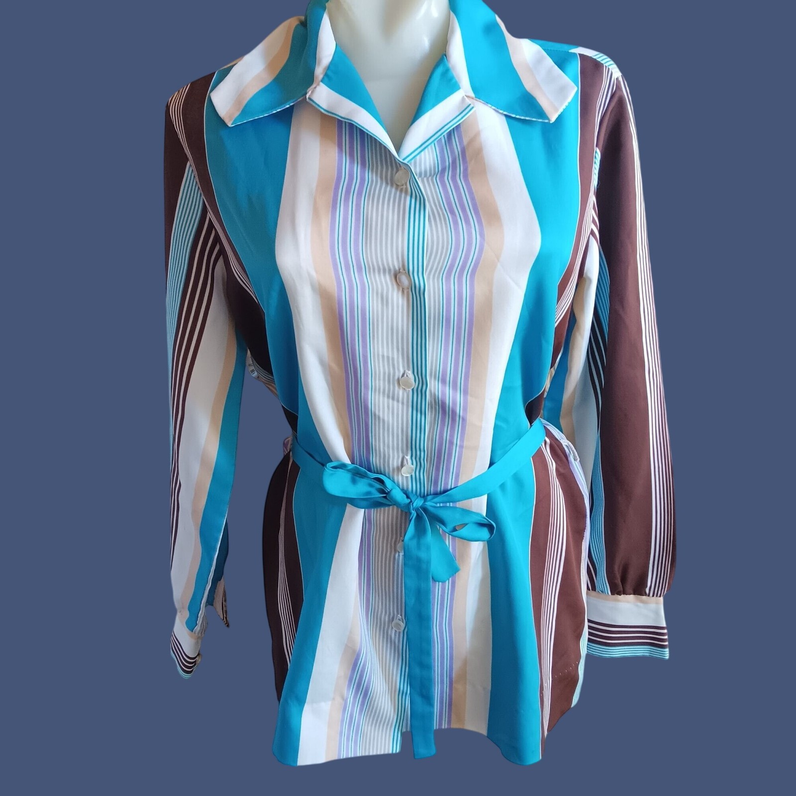 True Vintage Medium Belted Top 1970&rsquo;s Graff Polyester Blue Brown Striped Brady