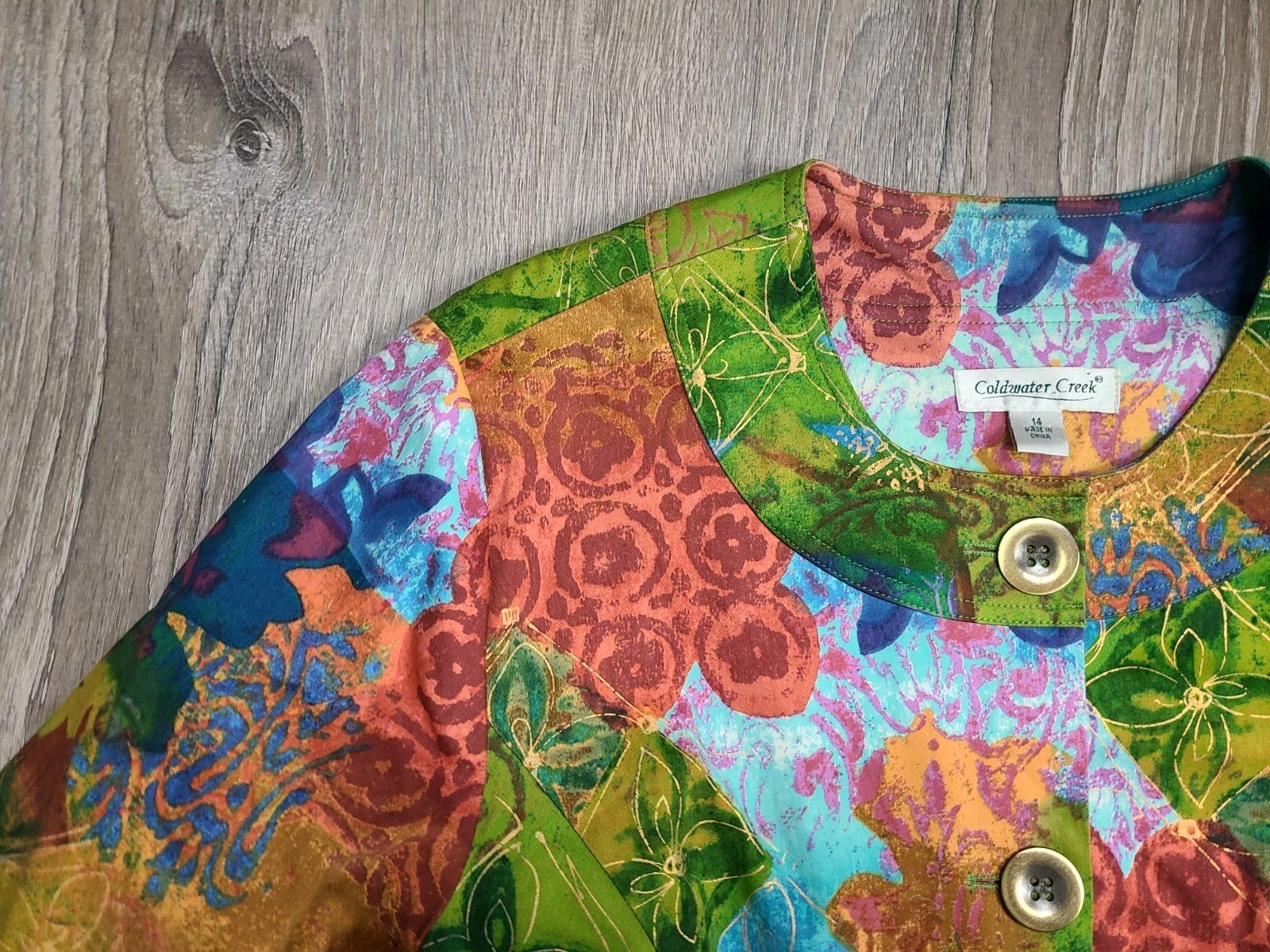 Coldwater Creek Womens 14 Jacket Batik Colorful Button Up Floral Artsy Stretch