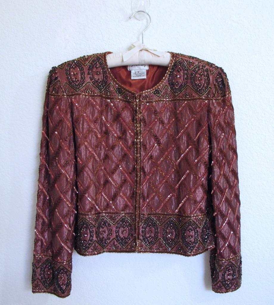 Vintage 80s Stenay Copper Brown Silk Trophy Sequin & Bead Jacket S Glam Party