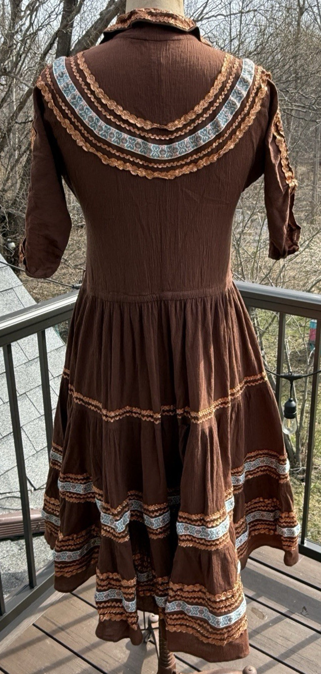 Vintage Faye Creations Patio Fashions Arizona Brown Dress Copper / Blue Trims