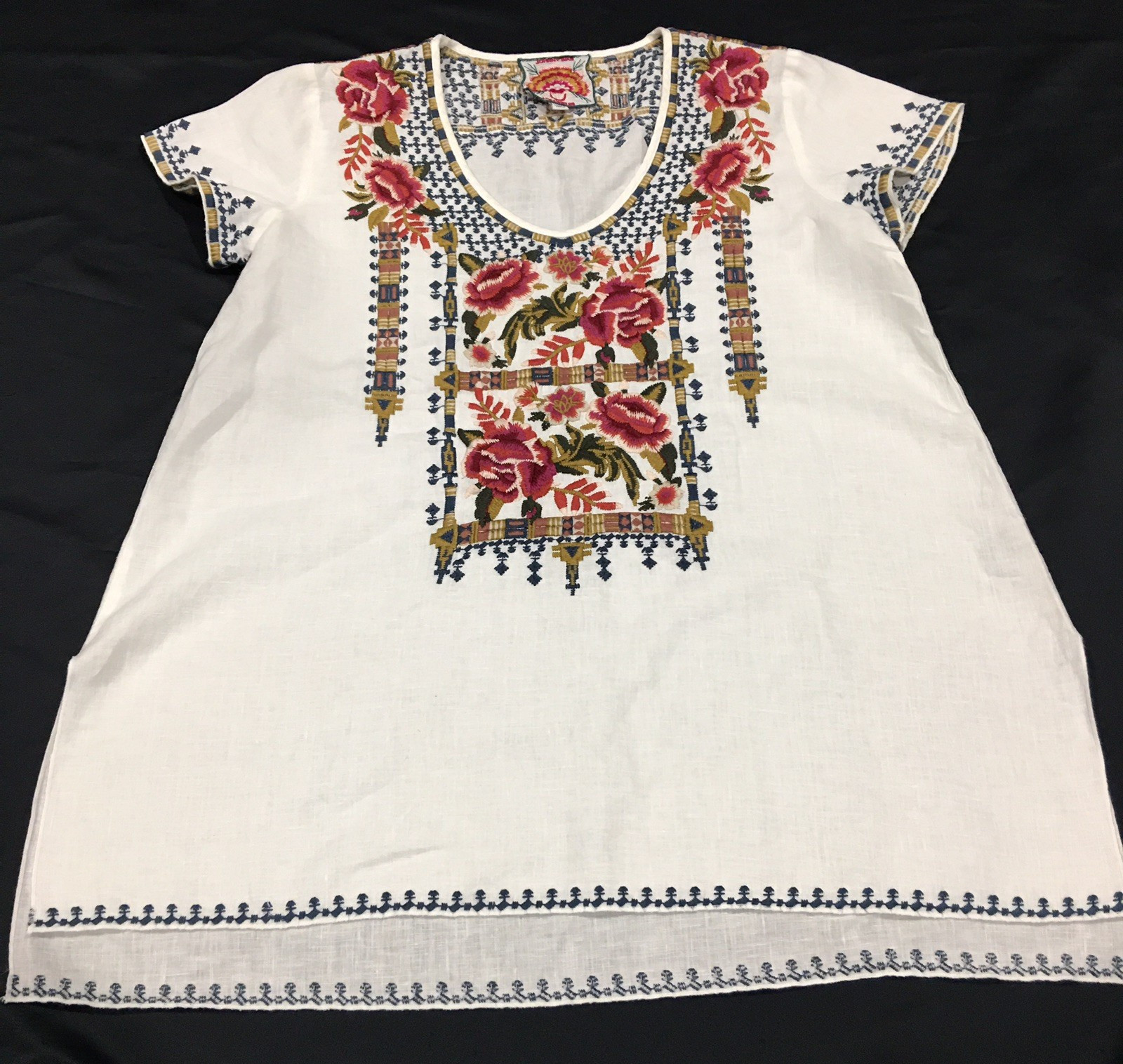 Vtg Johnny Was Boho Floral Embroidered Linen Shirt Top S