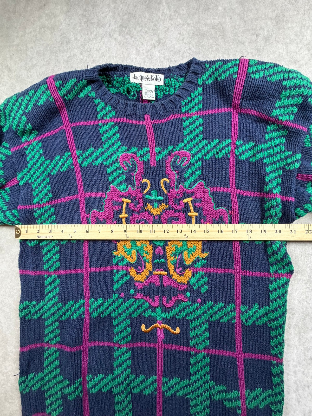 Vtg 90s Jacque & KoKo Plaid Crest Sweater 14/16 Ramie Cotton