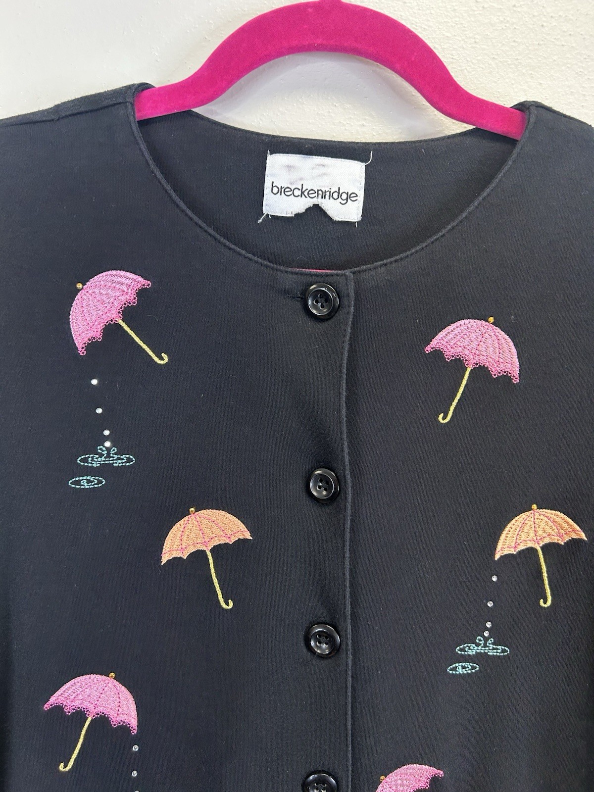 Vintage 90s Umbrella Embroidered Button Up Shirt Size L Petite Black Quirky Fun