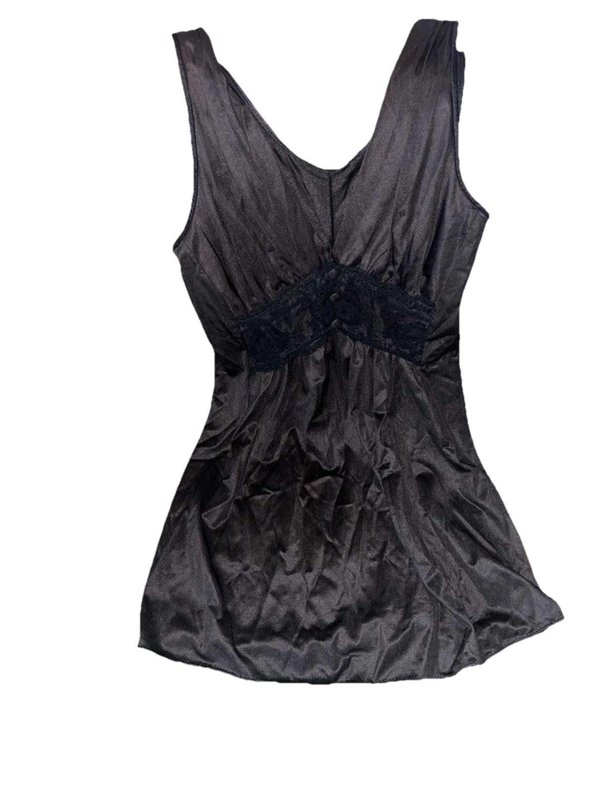 VTG Texsheen Black Satin Nightgown Sz Small Babydoll Mini Chemise Olga-Esque