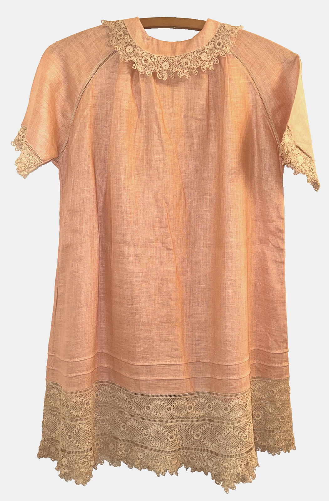 Vtg Antique Peach LINEN + LACE Button-Up Blouse MINI DRESS Robe 29&Prime; Victorian