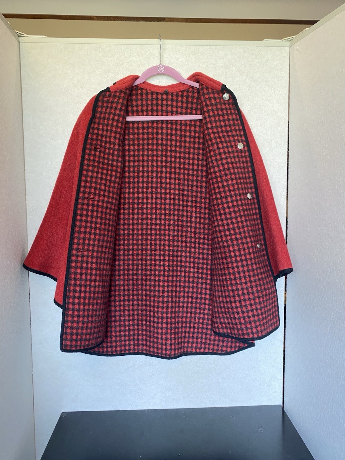Vintage Wool Cape Red Black Reversible Solid Tartan Plaid Cloak Austrian Buttons