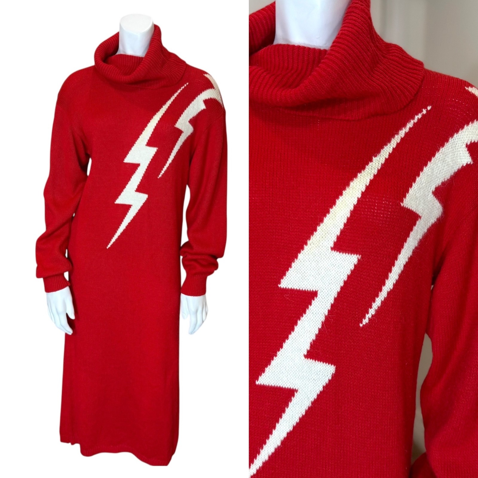 Vintage 80’s LIGHTNING BOLT SWEATER DRESS M Turtleneck Red Long Sleeved Intarsia