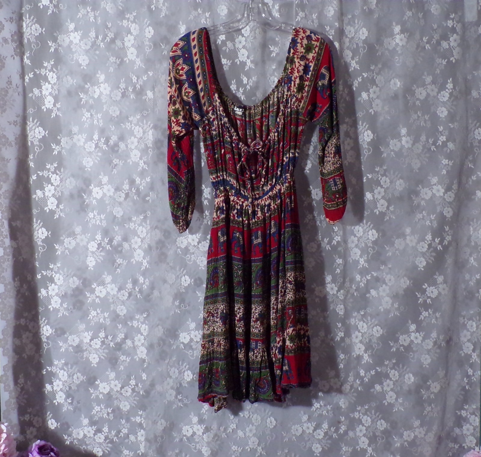 Vintage Boho Mini Dress Size Large 90s Elephant Peacock Hippie Eclectic 1990s