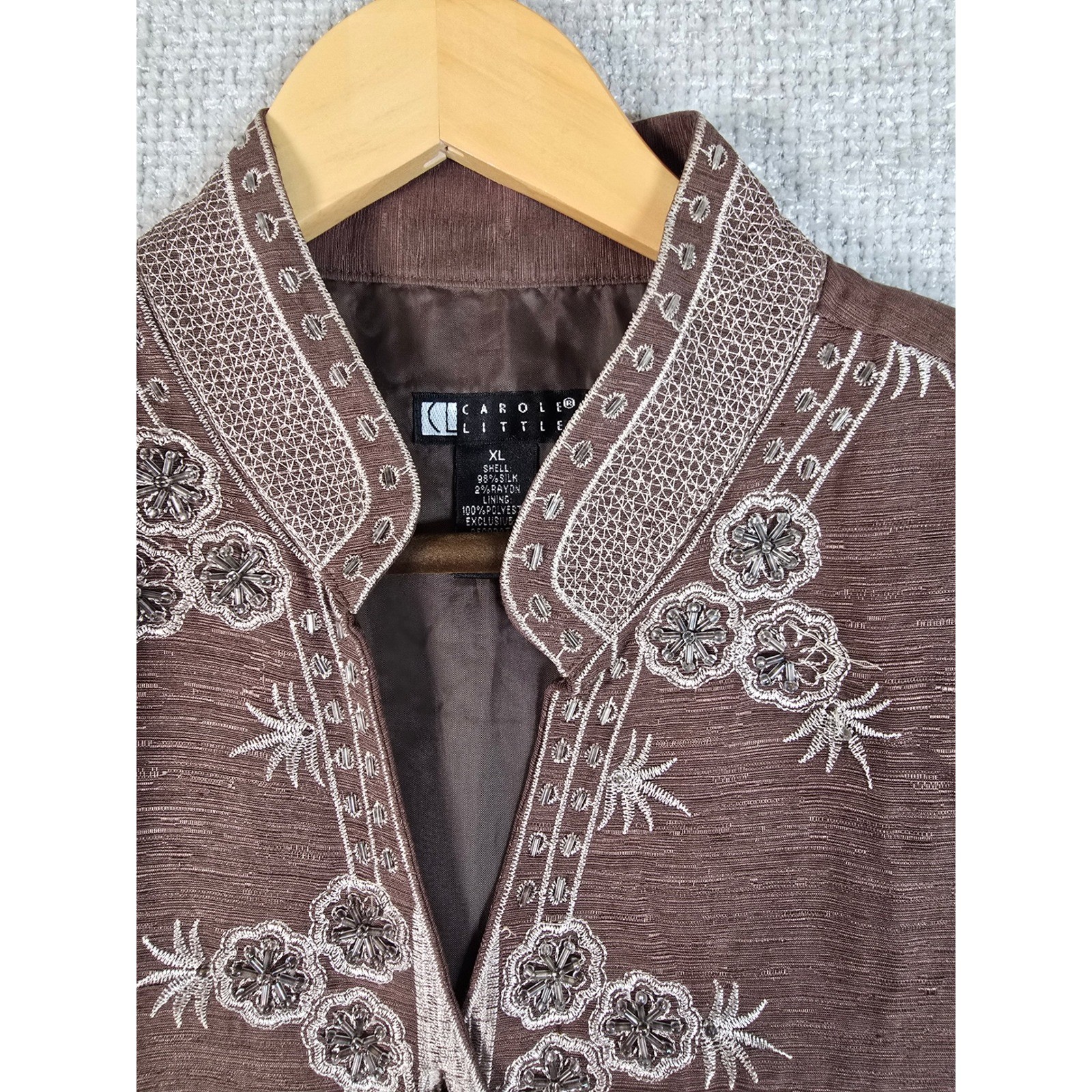 VTG Carole Little Silk Jacket XL Brown Beaded Embroidered Boho Art to Wear Lined