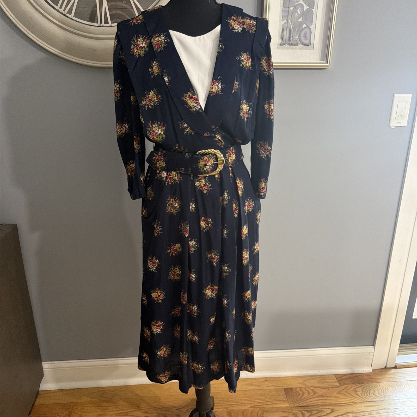 RJ Stevens by Carol Escritor ︱Navy Floral Dress w/ Belt︱80&rsquo;s/90&rsquo;s
