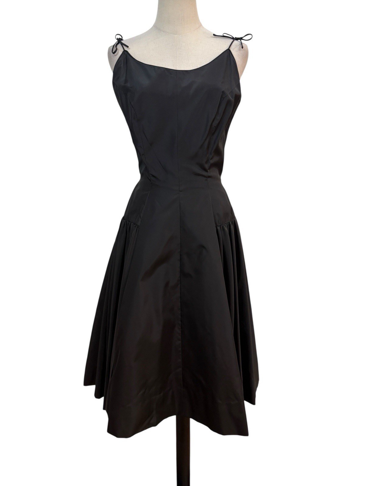 Vtg 50s Black Taffeta Fit Flare Dress Drop Waist Red Crinoline 26.5”w Pin Up