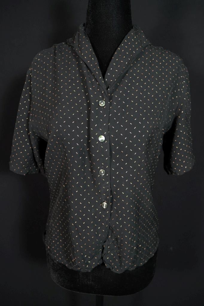 Vintage 1940&rsquo;s French Black and Gold Painted Tiny Lines Rayon Blouse Size 8 Med