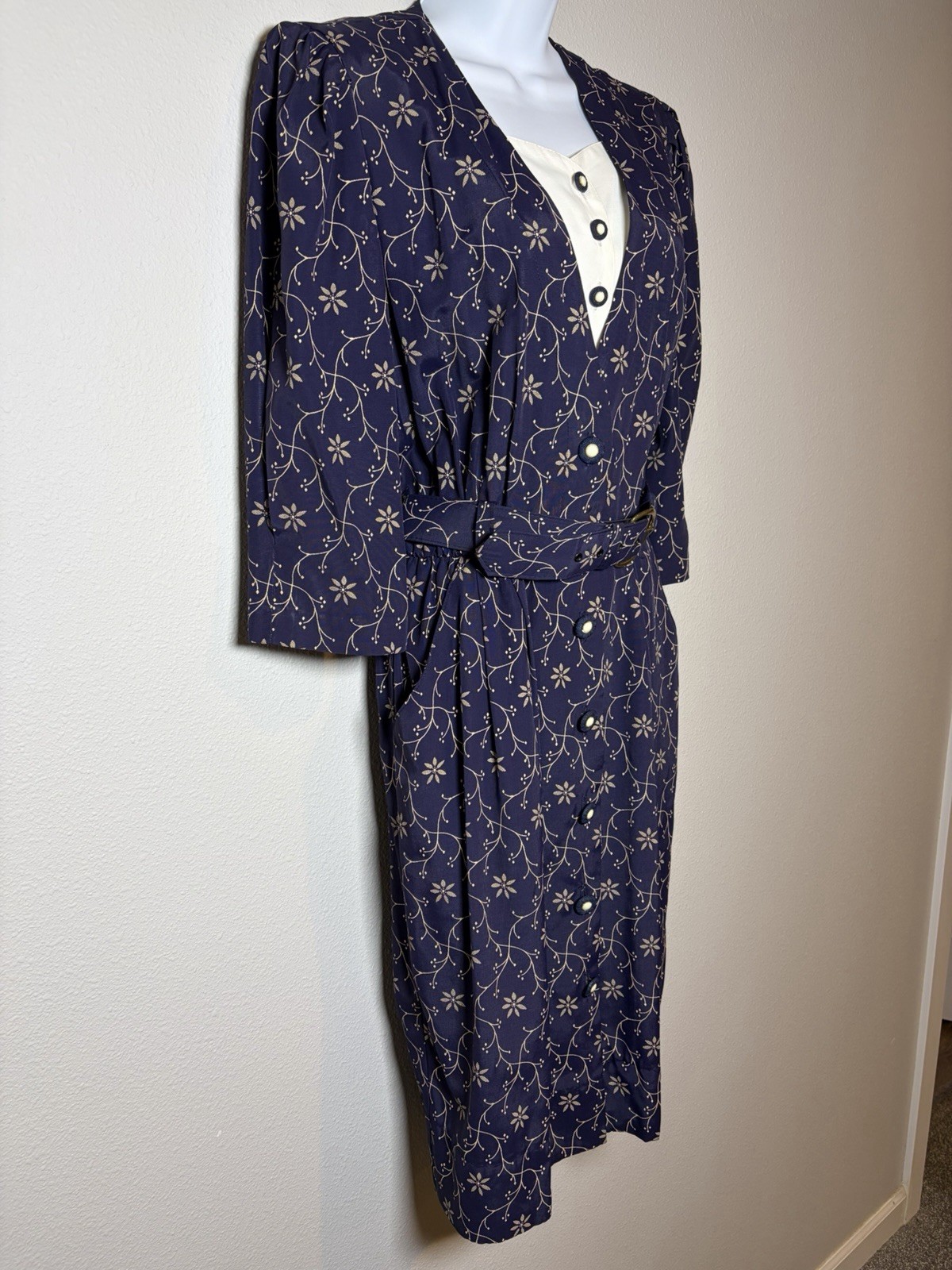 Vtg 80s Does 40s Peri Petites Navy Shirt Dress~8P~Belt 3/4 Puff Slvs Secretary