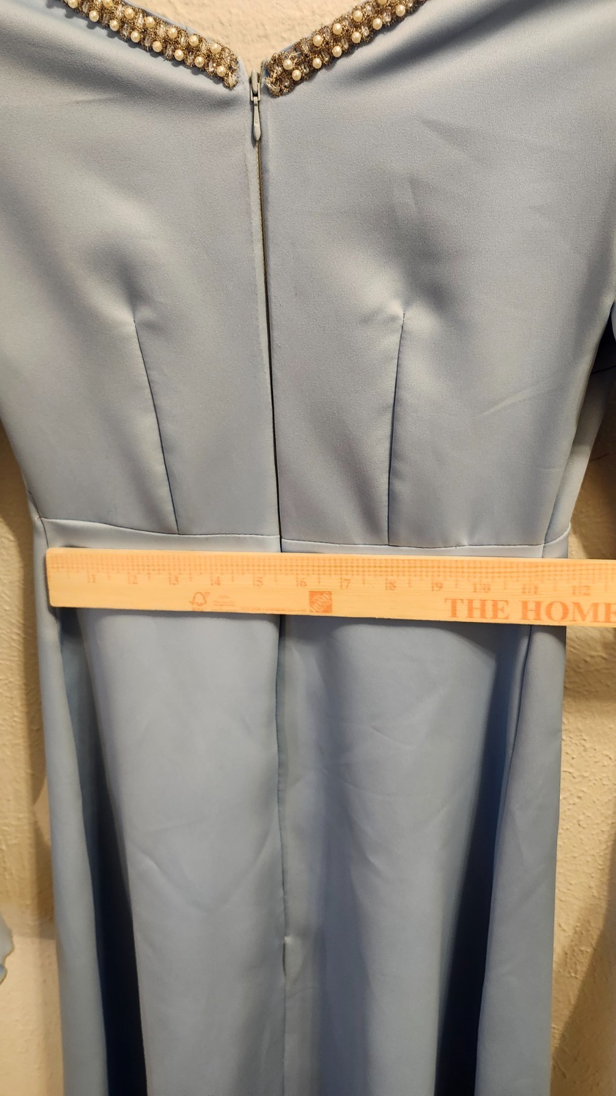 Vintage Evening Custom Dress Size Medium Light Blue Bell Sleeves Pearl Accent