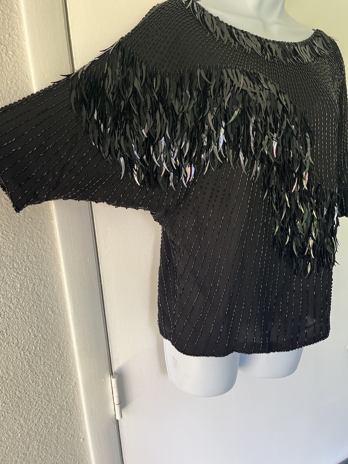 Silk Sequin Vintage Oleg Cassini Beaded Top Black Tie Medium Formal Party