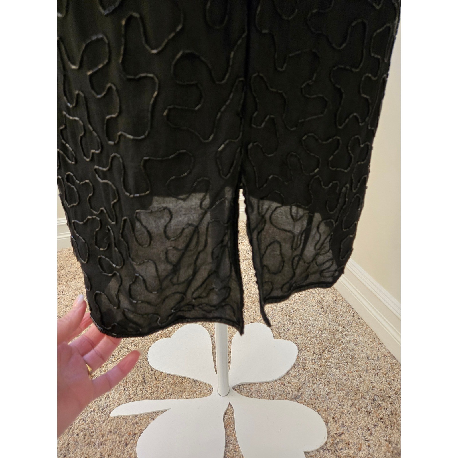 Vintage Silk Sequin Beaded Cocktail Dress Art Deco Sleeve Open Back Midi