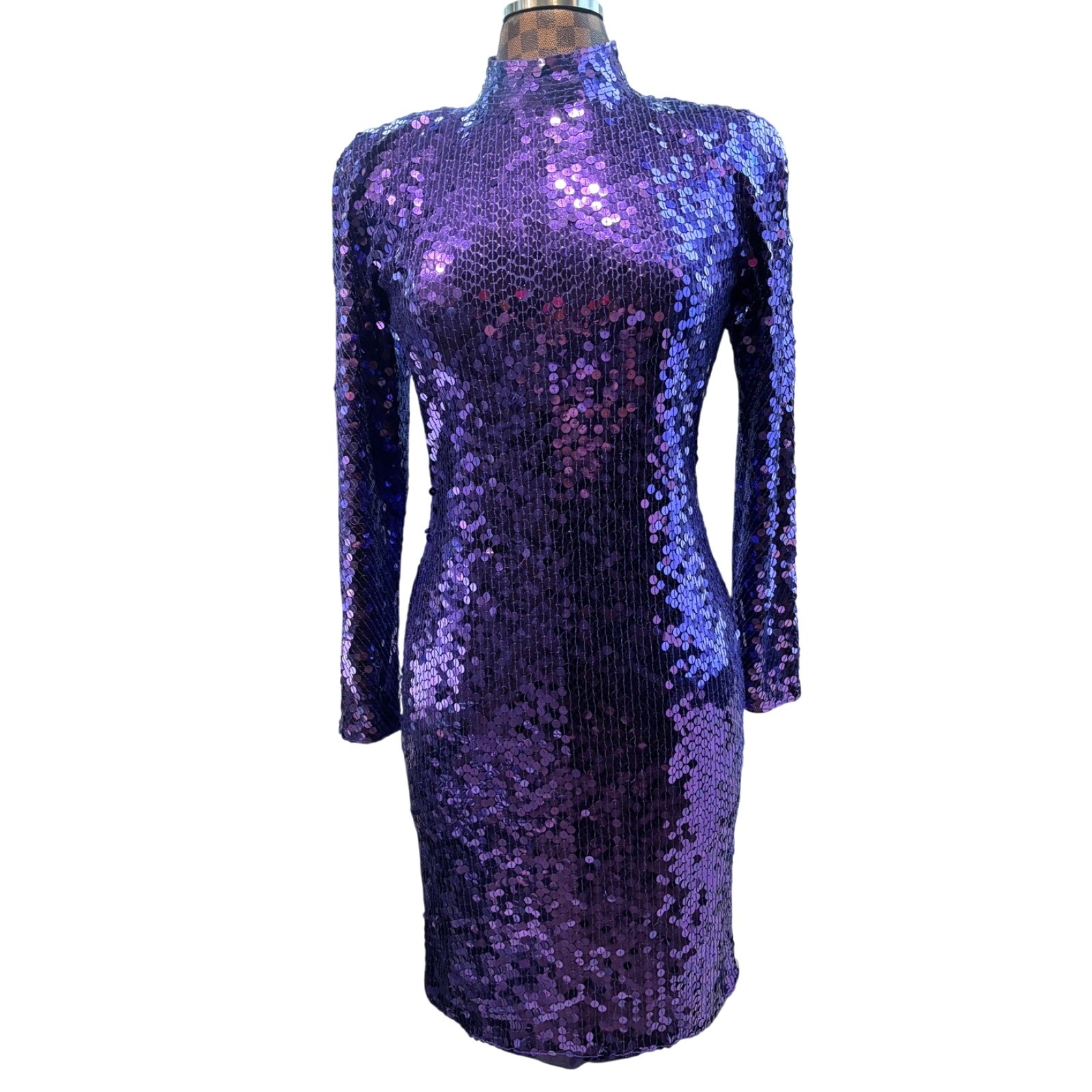 Vtg 90s Purple Sequin Open Back Mock Neck Cocktail Dress Size 10 Disco Glam Luxe