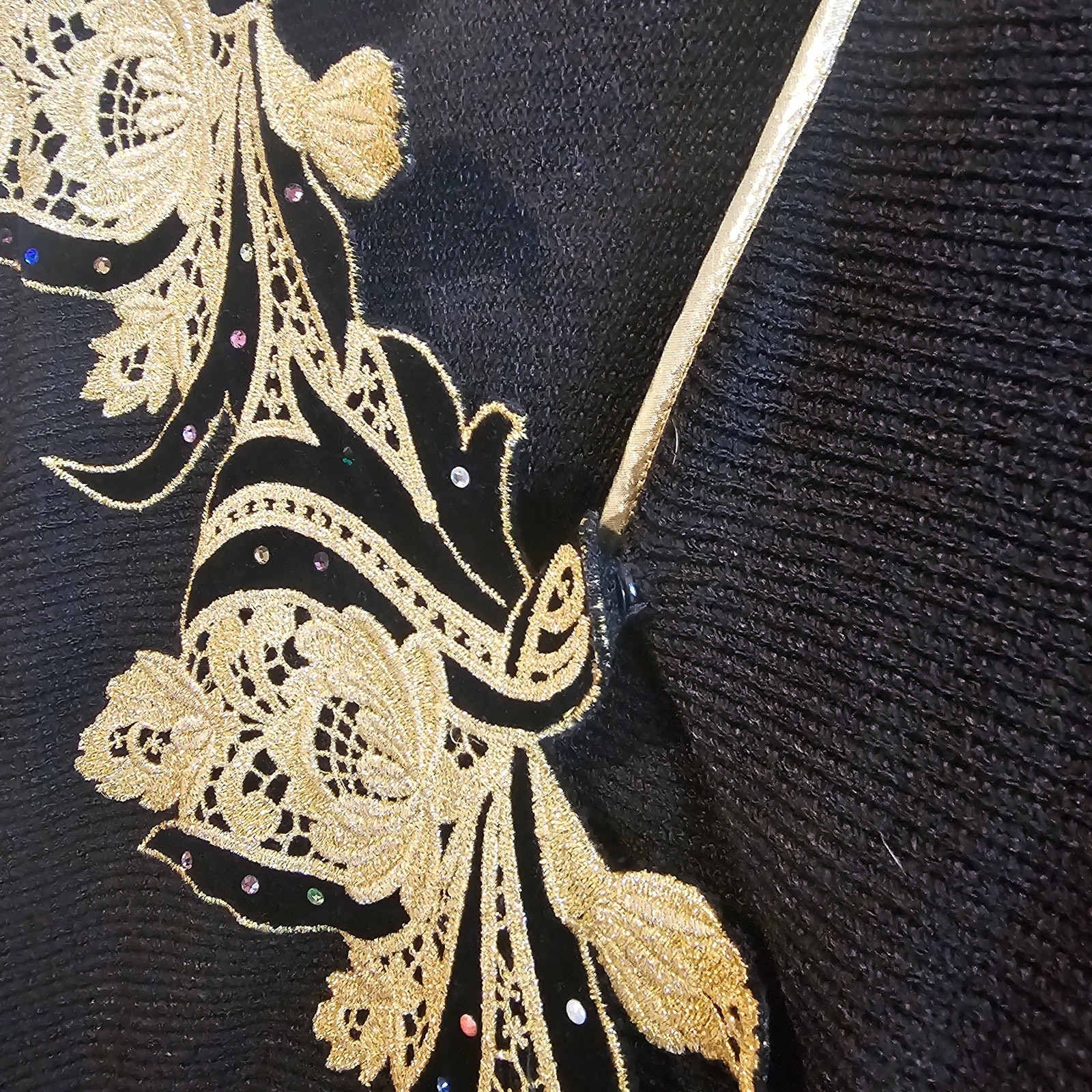 Vintage Floral Sweater Womens Med Black Gold Glam Rock Knit Embellished Evening