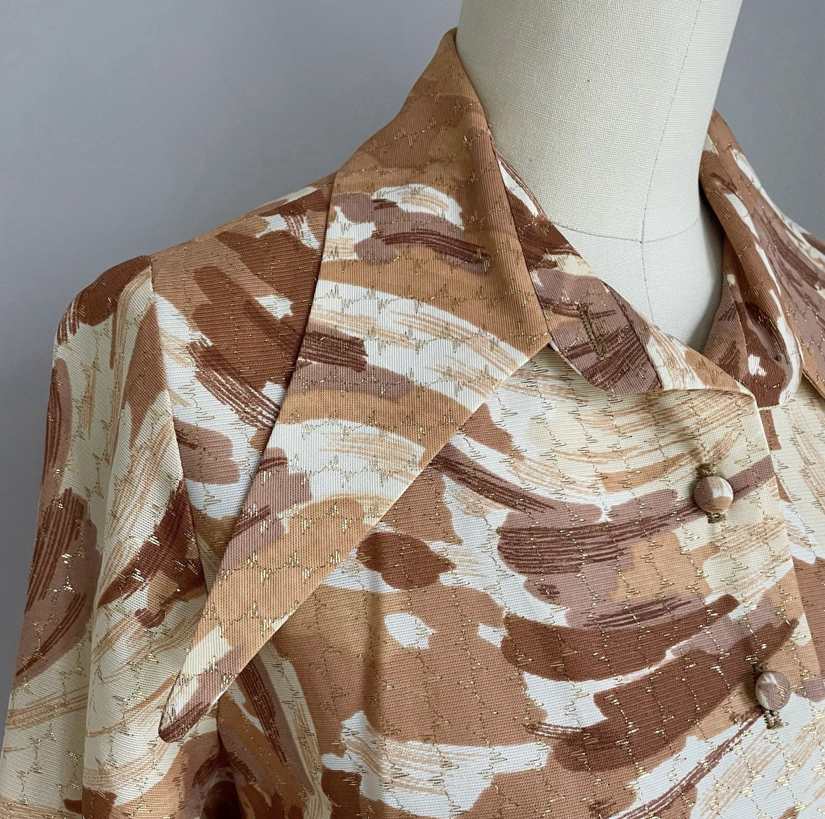 Vintage 70’s Domani Knits Dagger Collar Abstract Copper & Gold Metallic Dress S