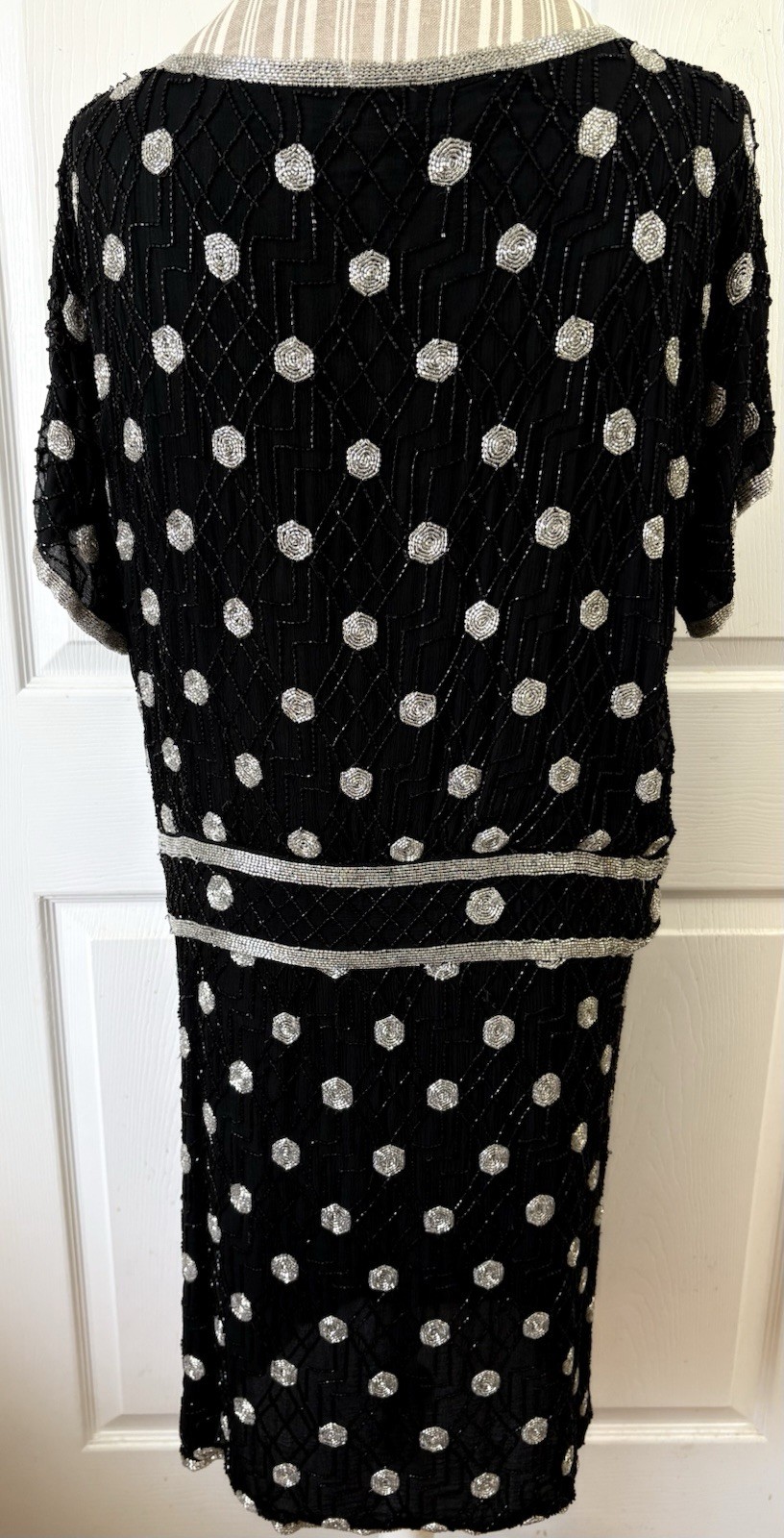 Judith Ann Creations 80s Does 20s 100% Silk Beaded Drop Waist Spider Web Dress M