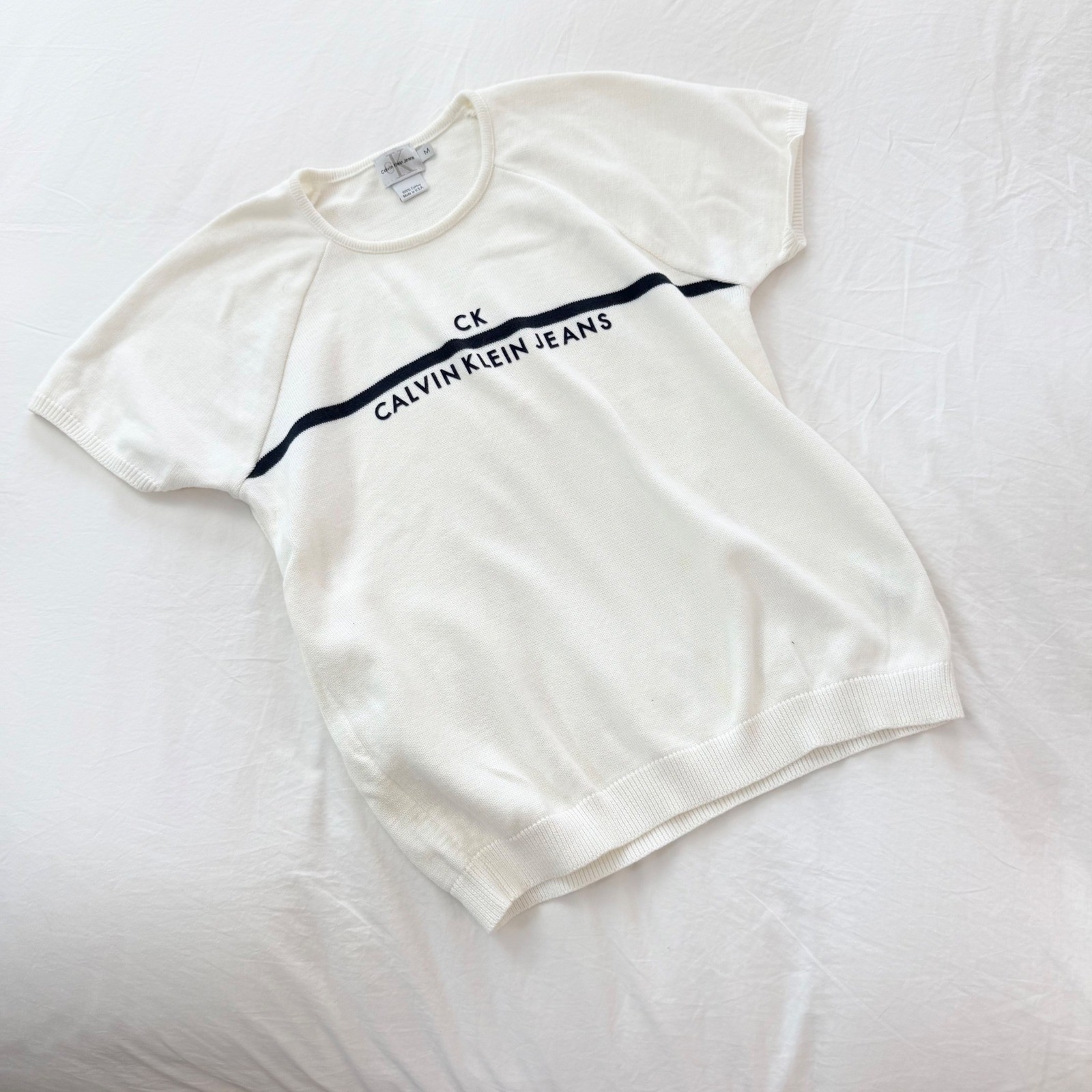 Vintage Calvin Klein Jeans Logo Knit Short Sleeve Sweater White Size M USA