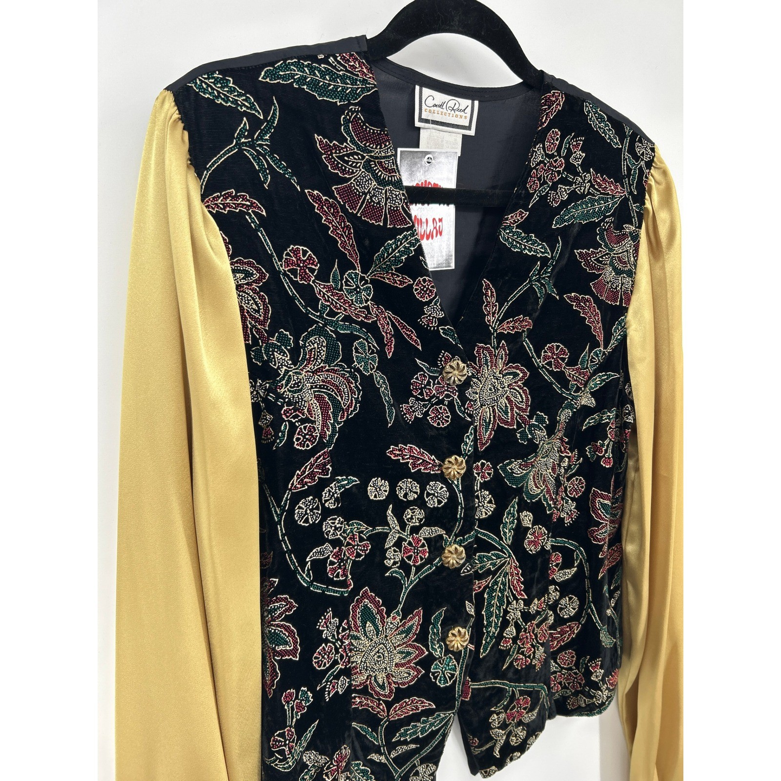 Carol Reed Collections Vintage Velvet Floral Beaded Jacket Gold Satin Sleeve 16