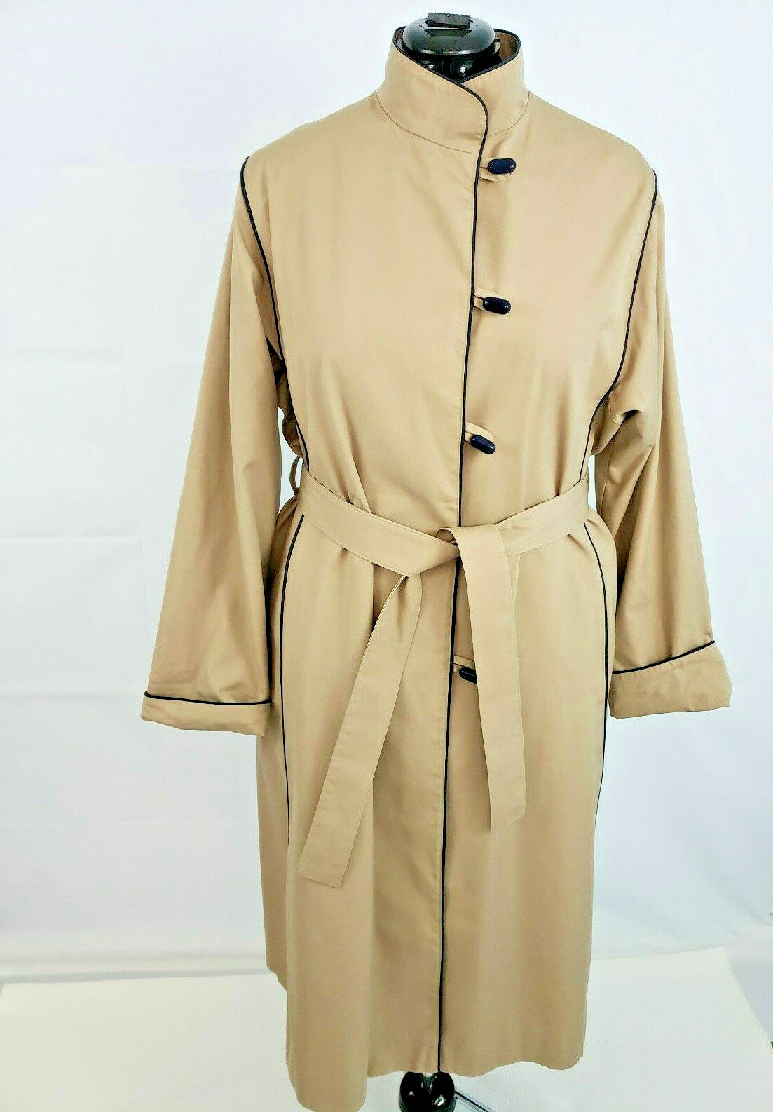 Vtg 1980s Sears Standing Collar Full Length Tan Belted Trench Coat size 18 L81