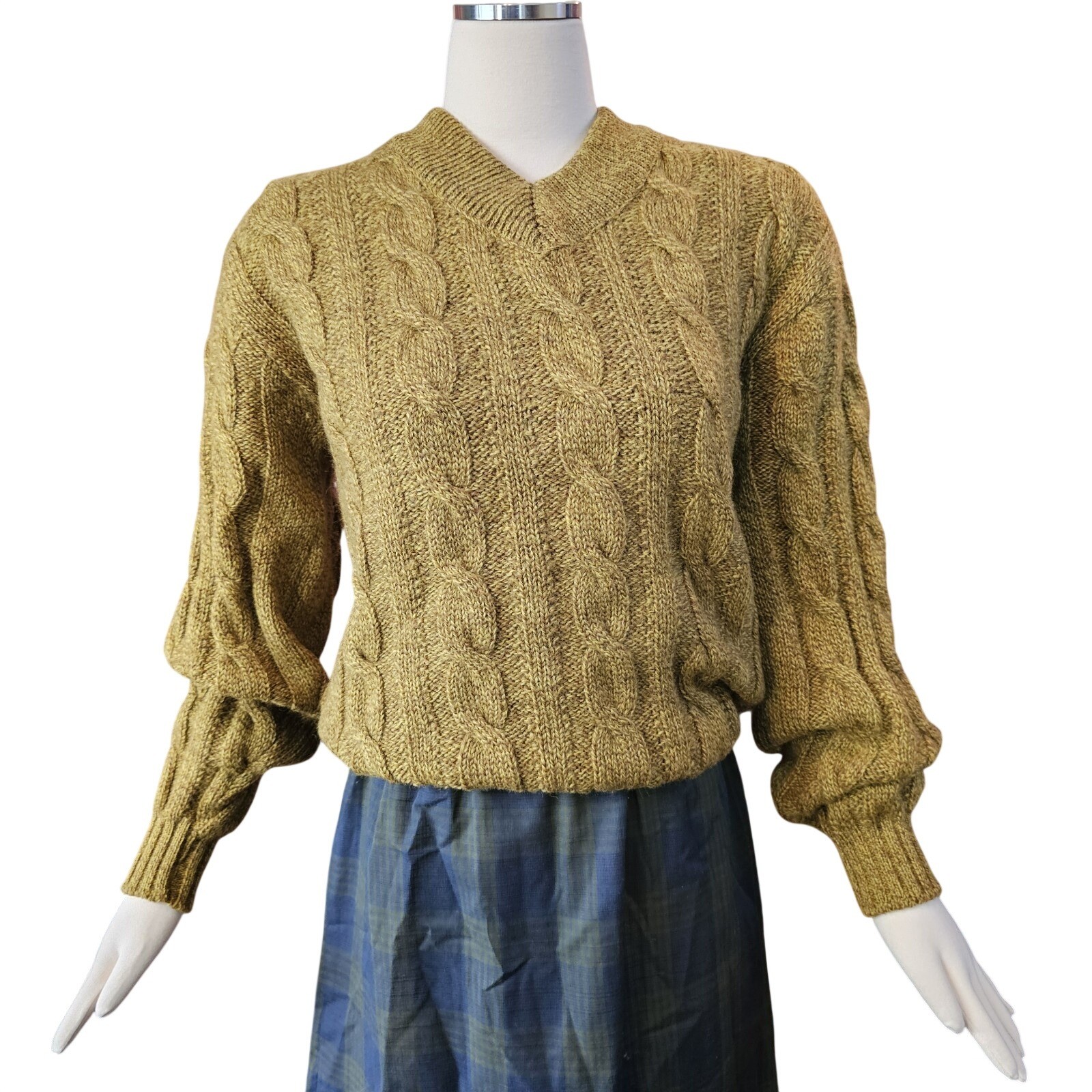 Vintage 1970s Sweater Pullover Cable Knit Mustard Yellow Wool Jantzen V-neckline