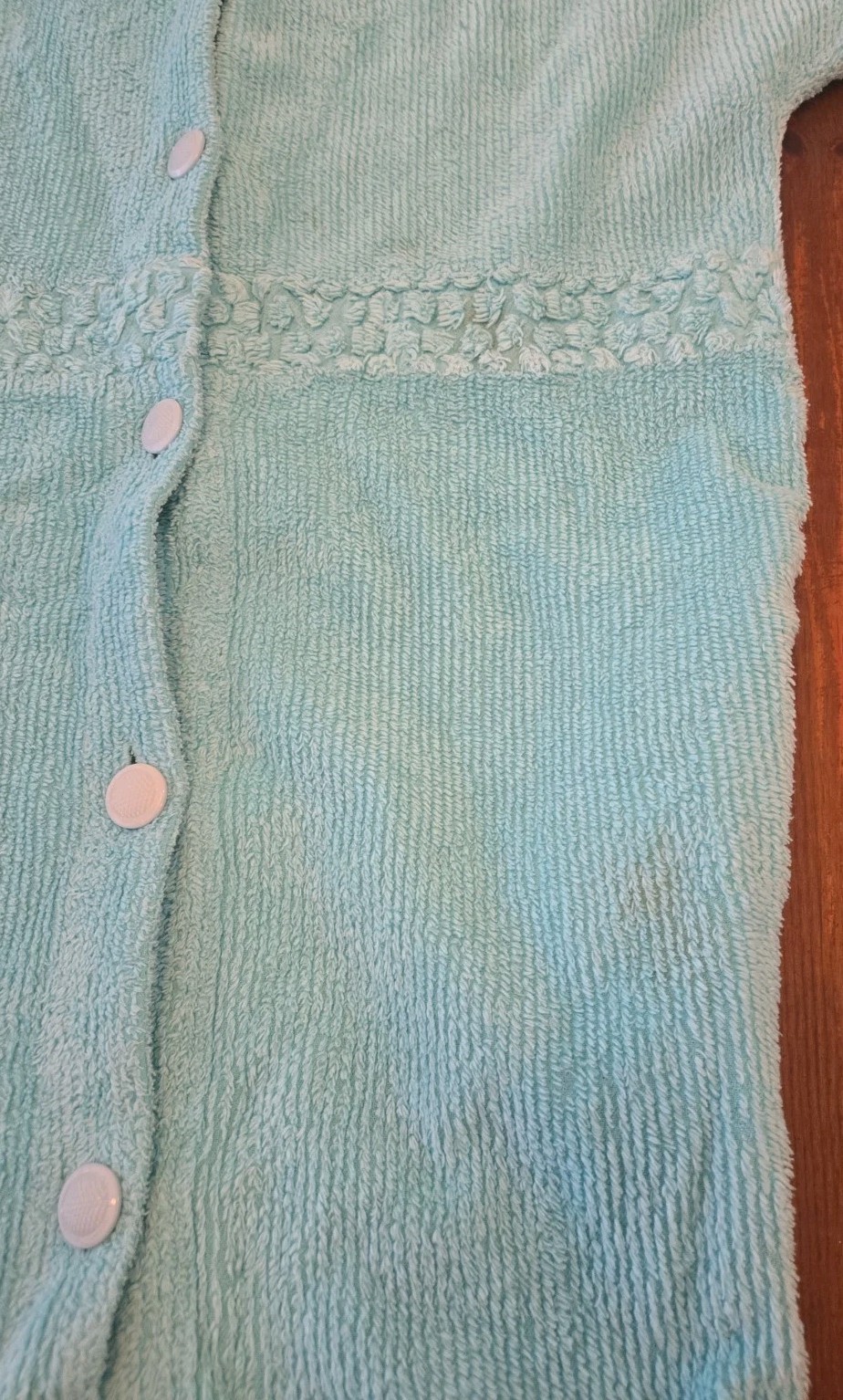 VTG Stan Herman Turquoise Chenille Short Robe House Dress Sz L Button Front S/S