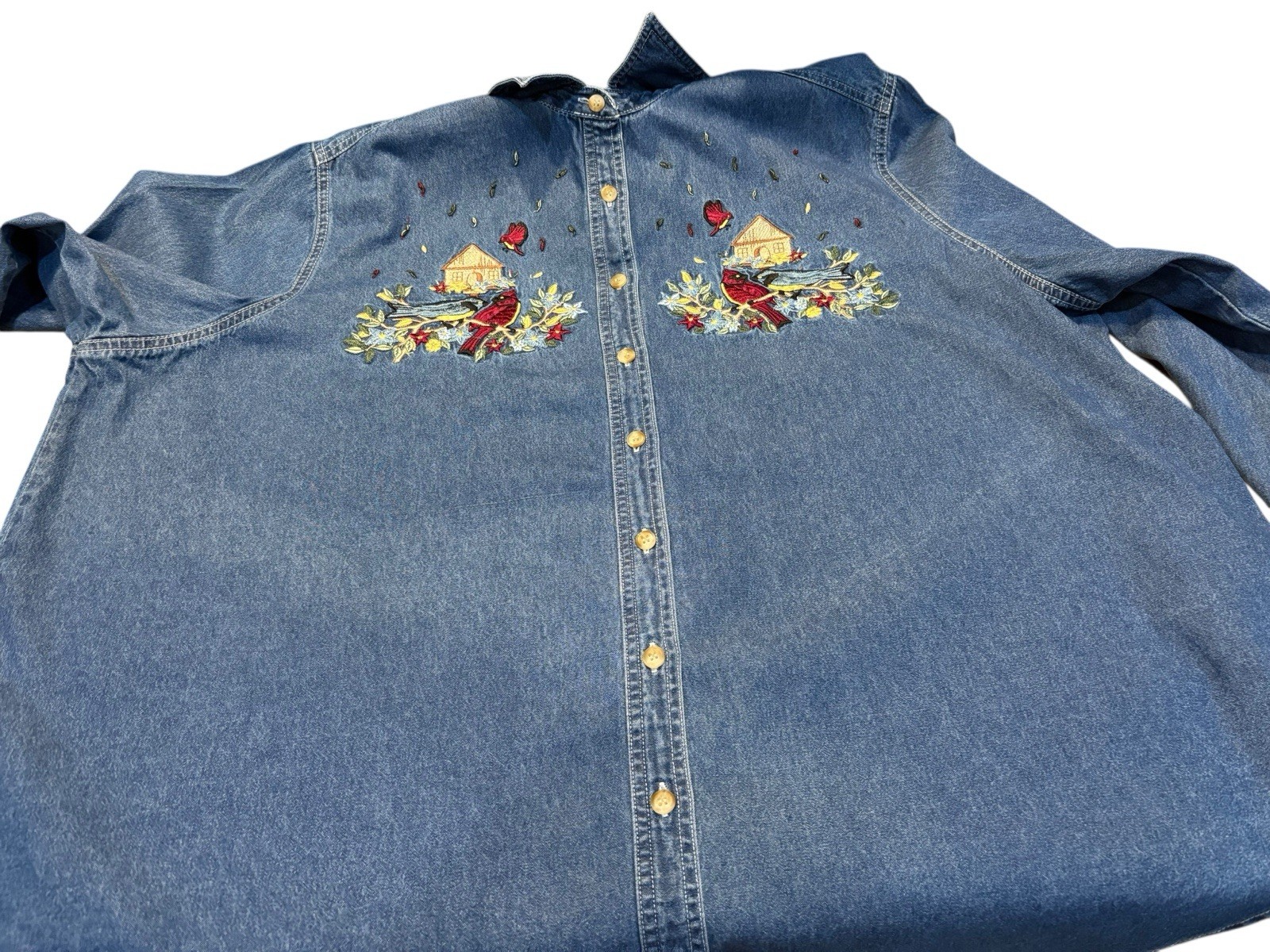 Vintage Just My Size 100% Cotton Denim Blouse 26W/28W Birds Flowers Cottagecore